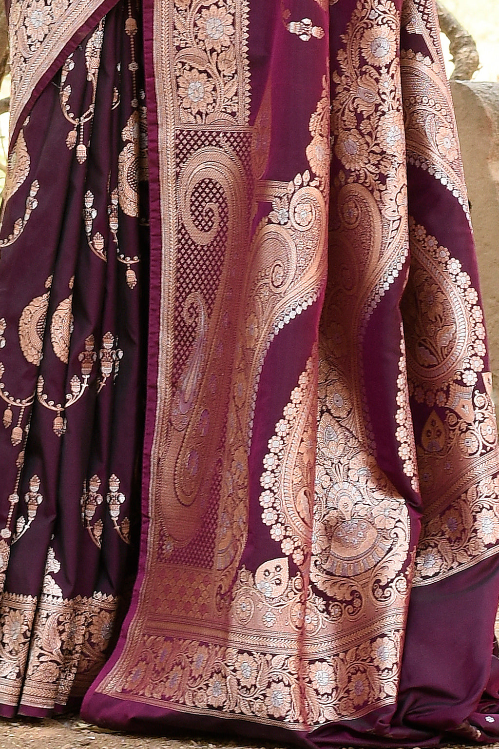 Wine Banarasi Soft Silk Saree