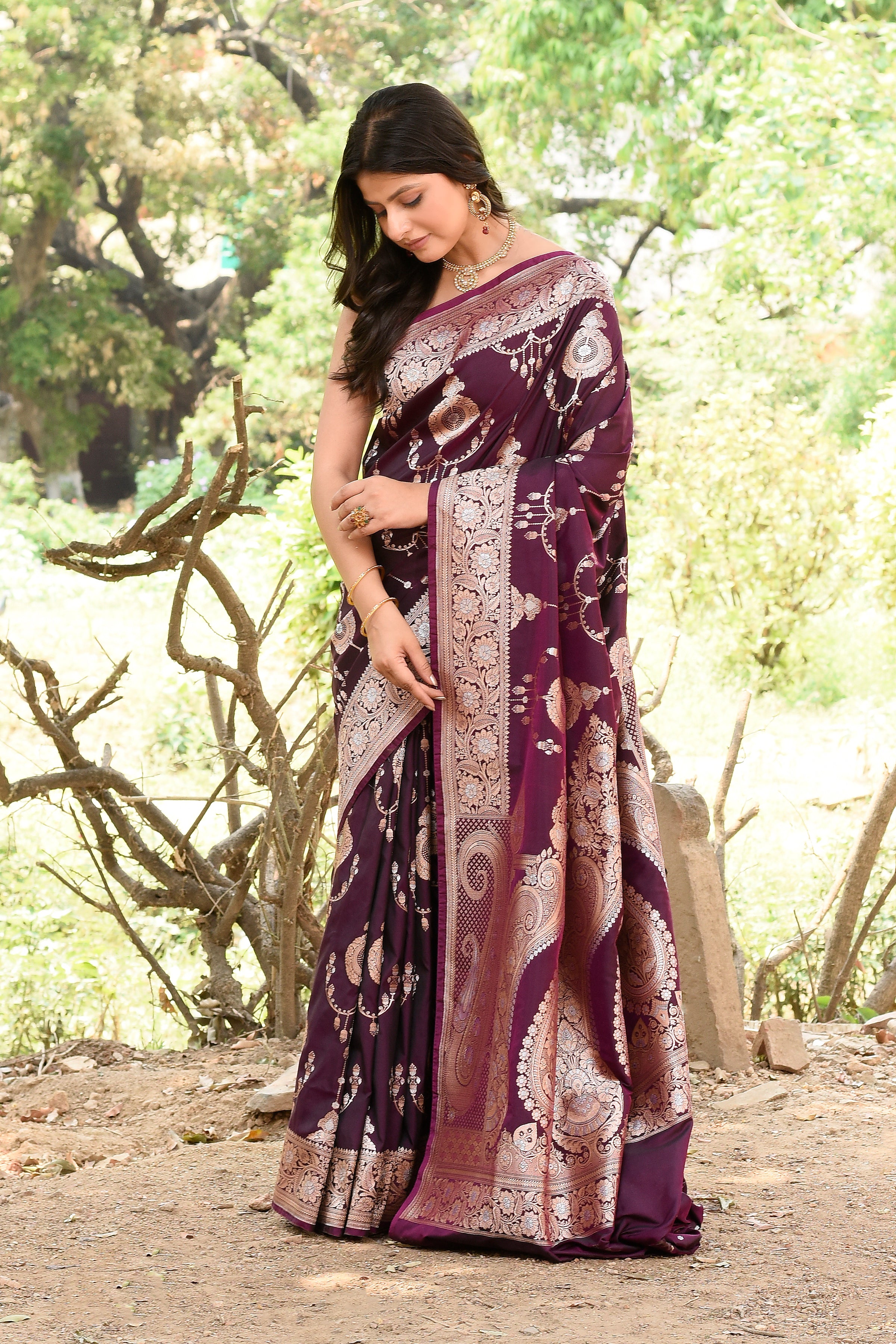 Wine Banarasi Soft Silk Saree
