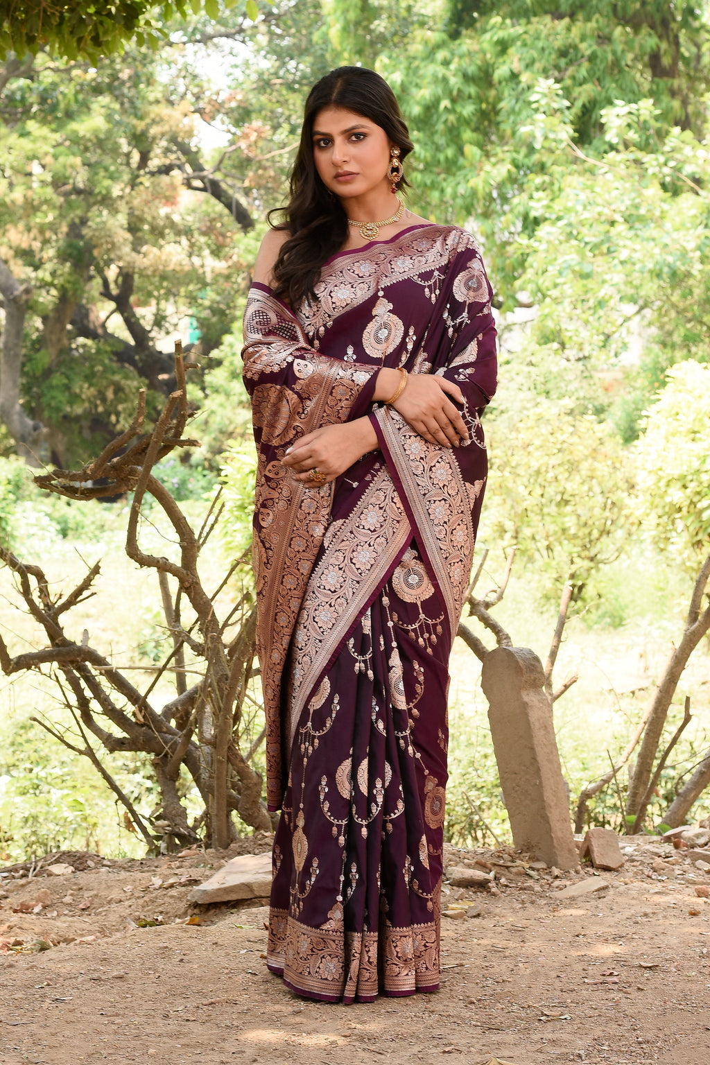 Wine Banarasi Soft Silk Saree