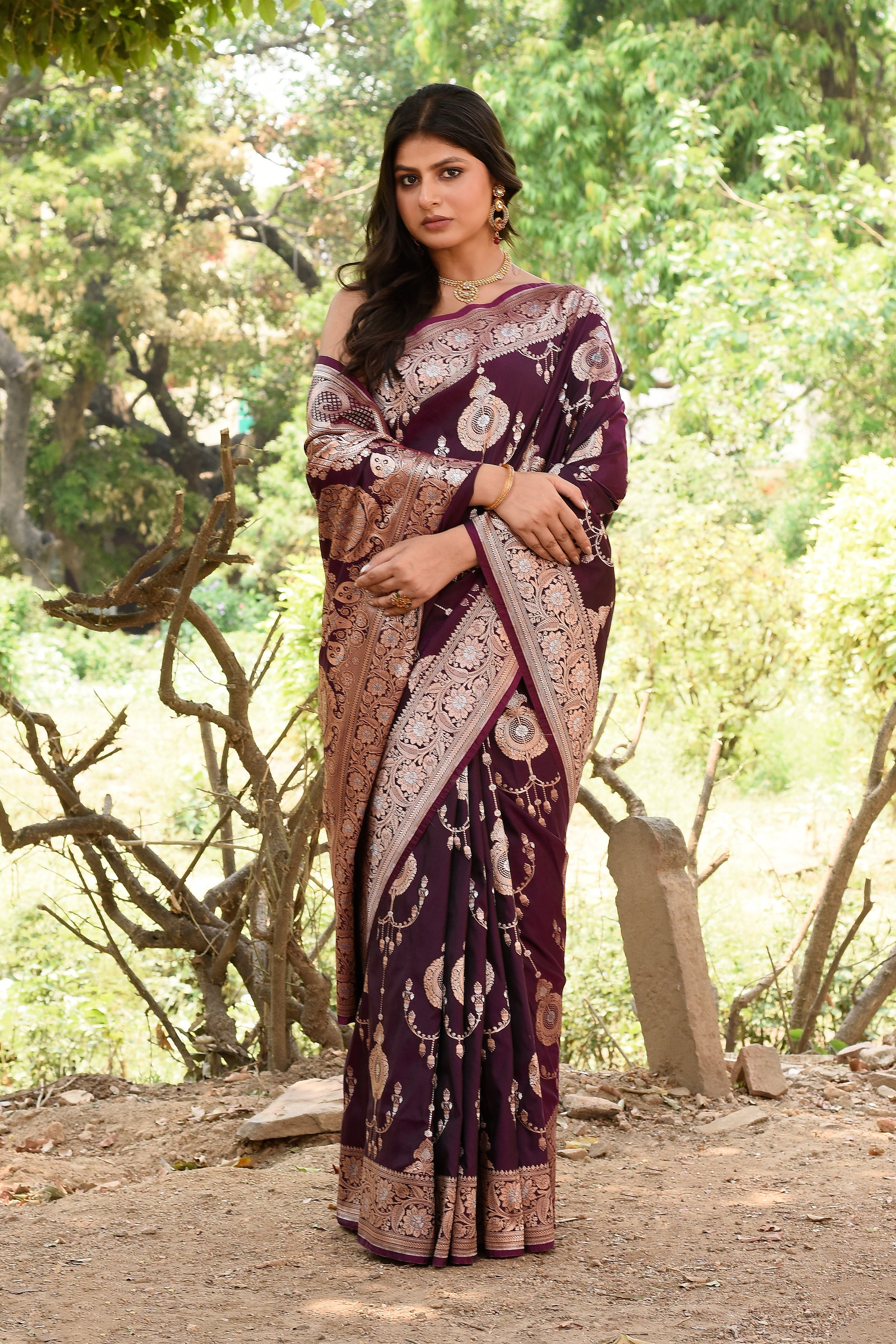 Wine Banarasi Soft Silk Saree