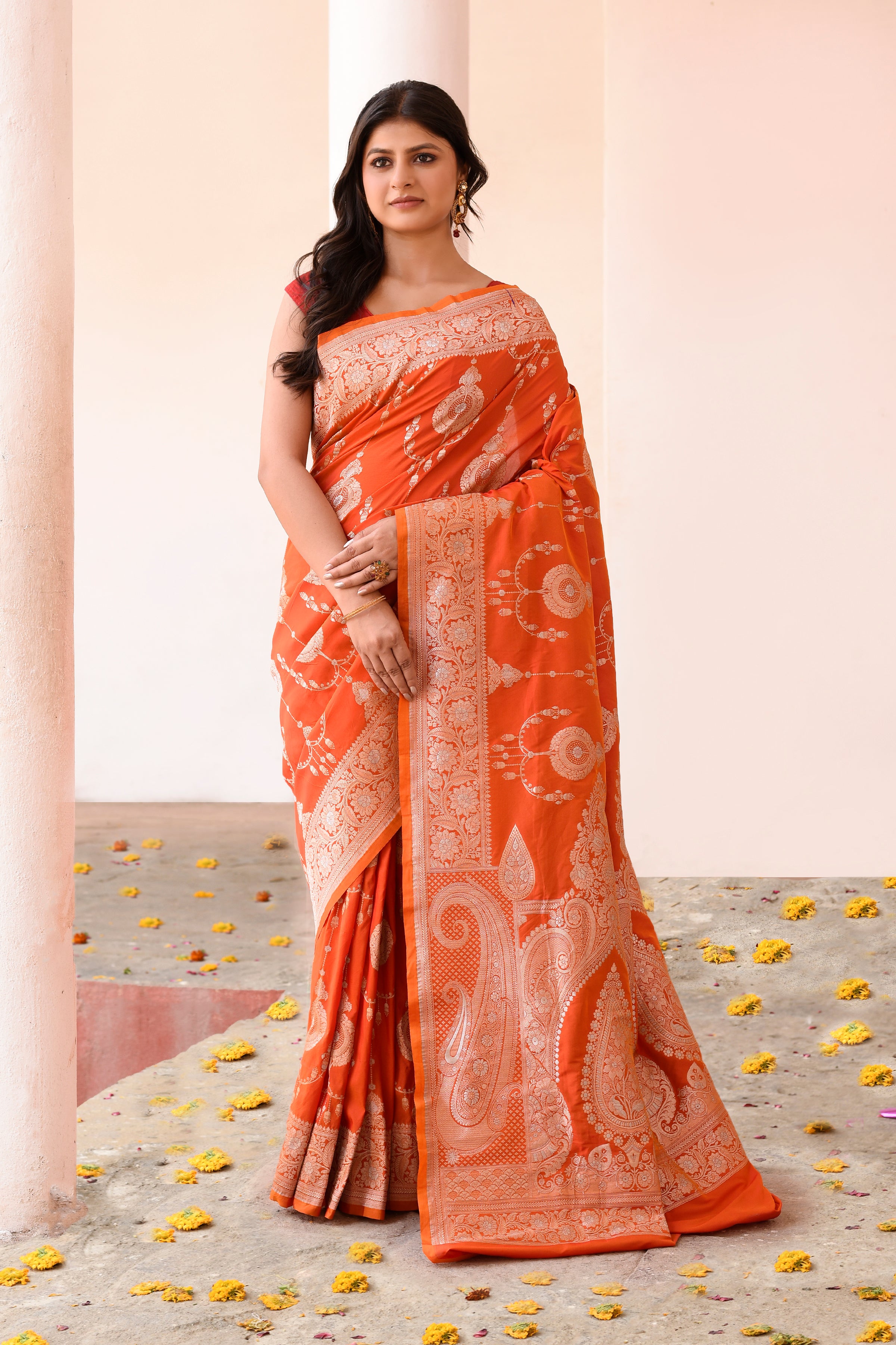 Orange Banarasi Soft Silk Saree