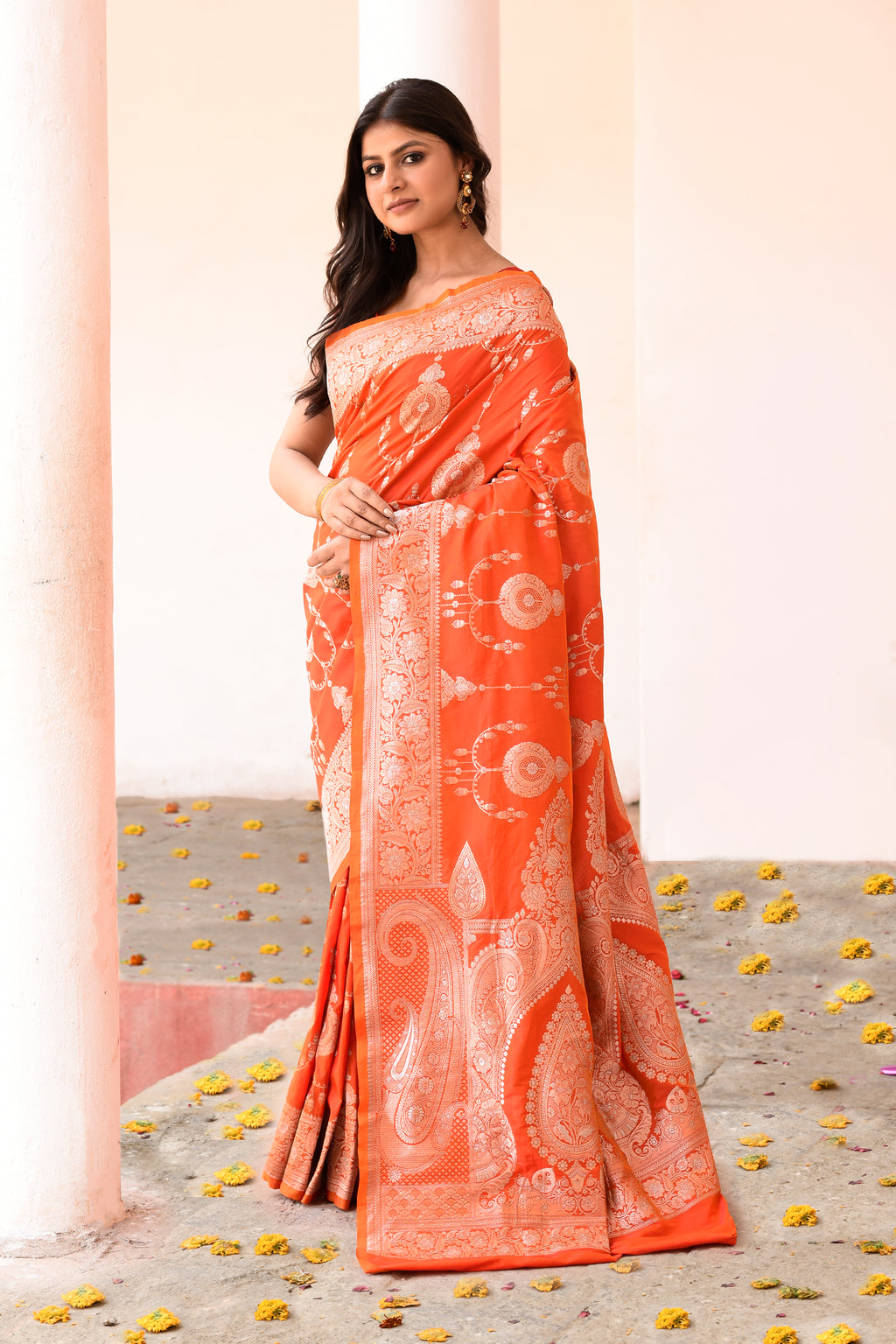 Orange Banarasi Soft Silk Saree