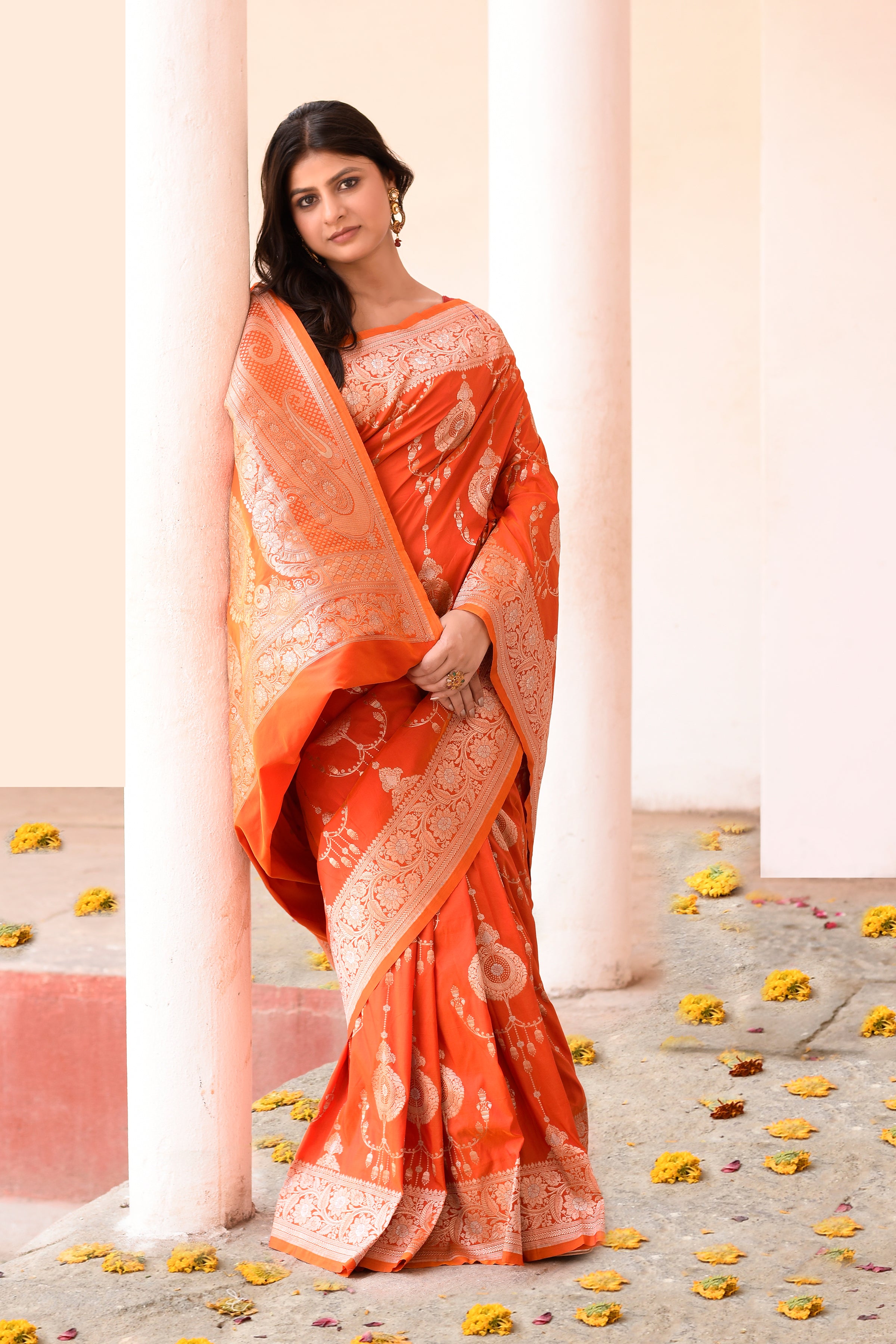 Orange Banarasi Soft Silk Saree