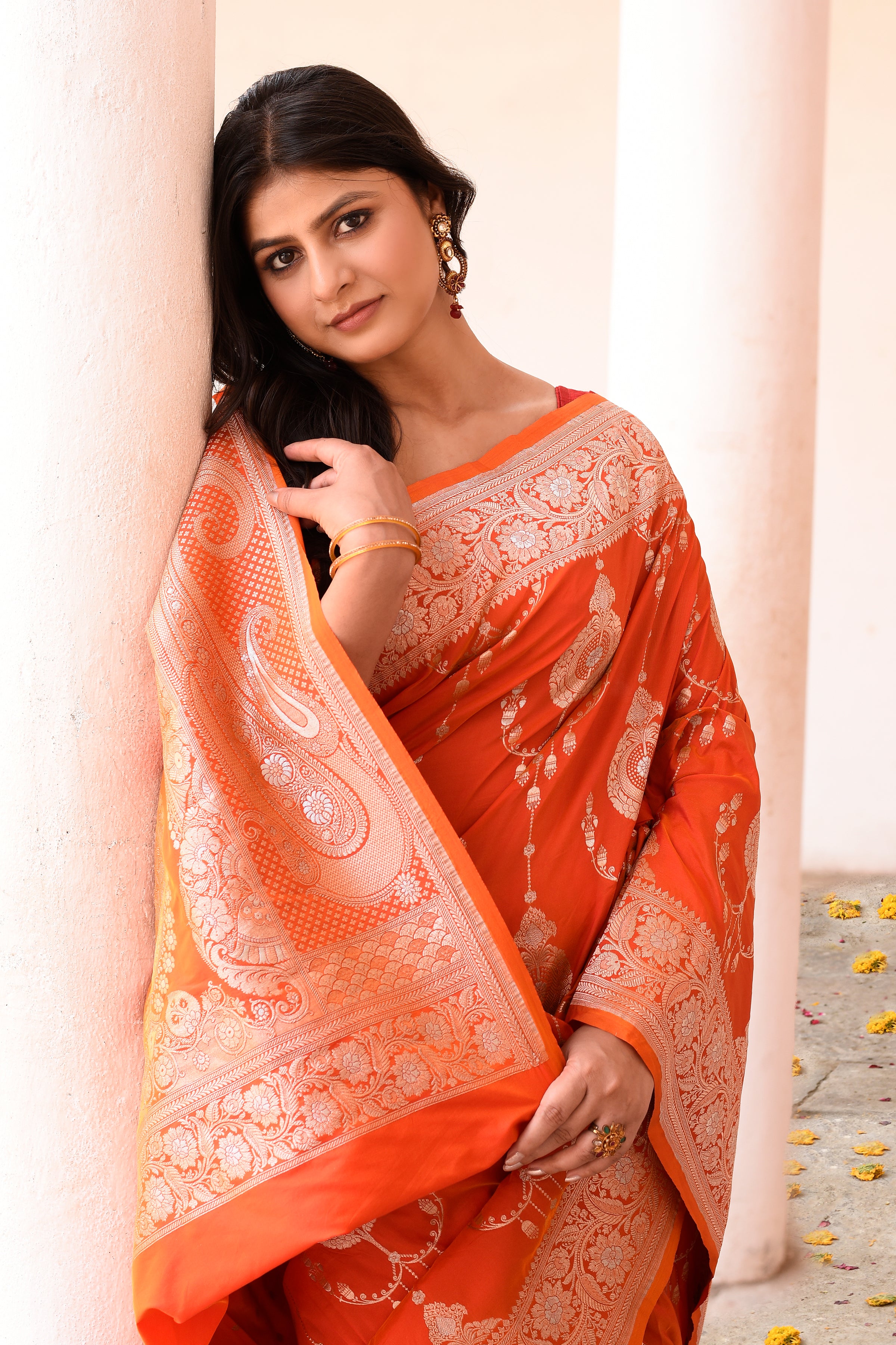 Orange Banarasi Soft Silk Saree