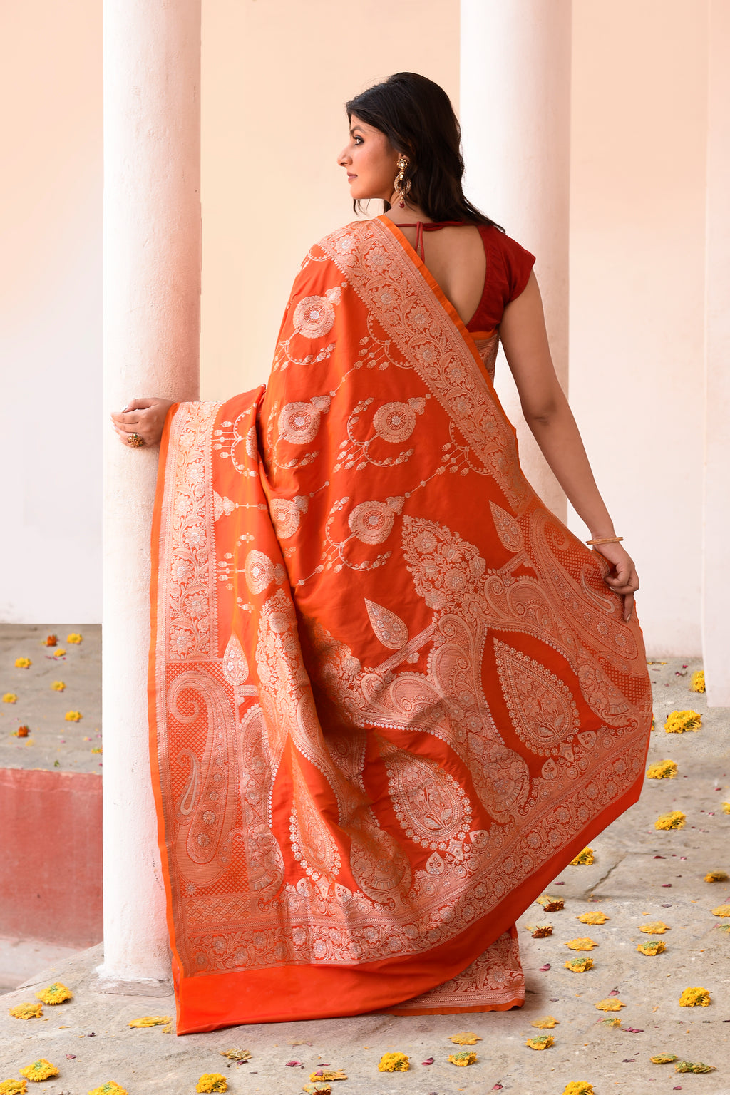 Orange Banarasi Soft Silk Saree
