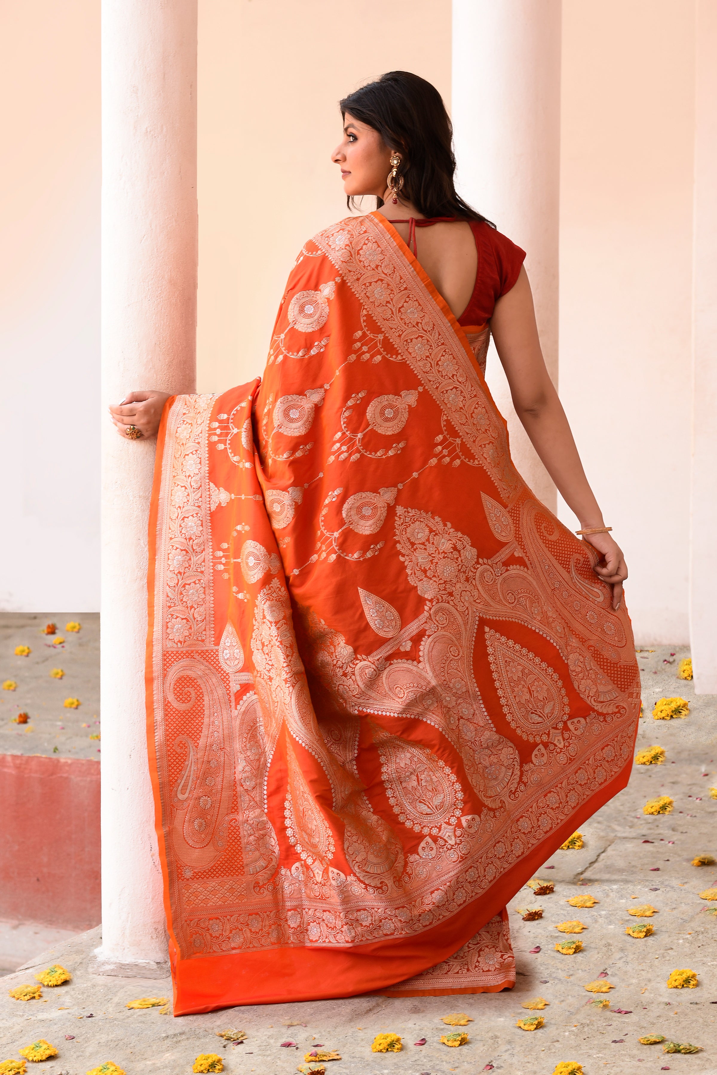 Orange Banarasi Soft Silk Saree
