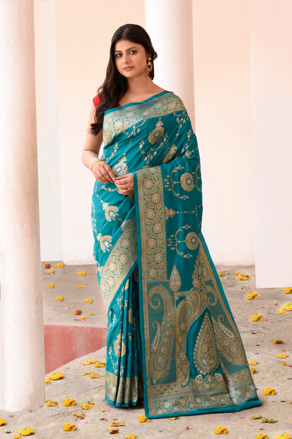 Teal Green Banarasi Soft Silk Saree