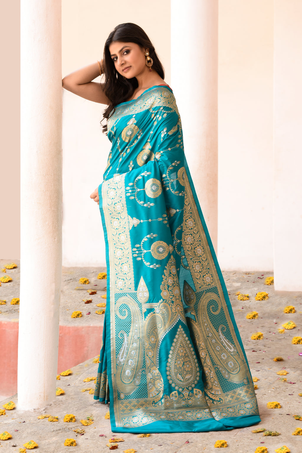 Teal Green Banarasi Soft Silk Saree