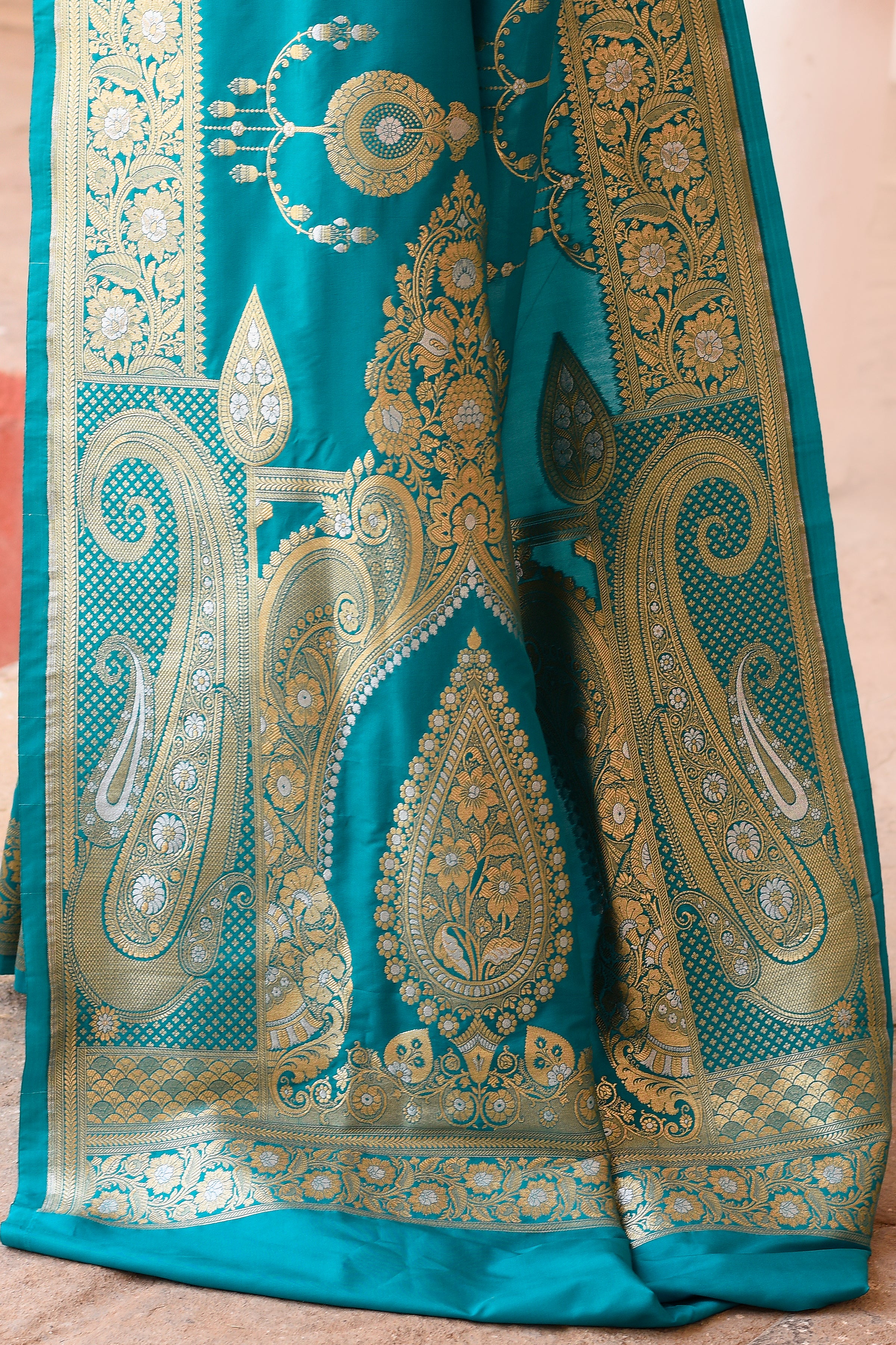 Teal Green Banarasi Soft Silk Saree