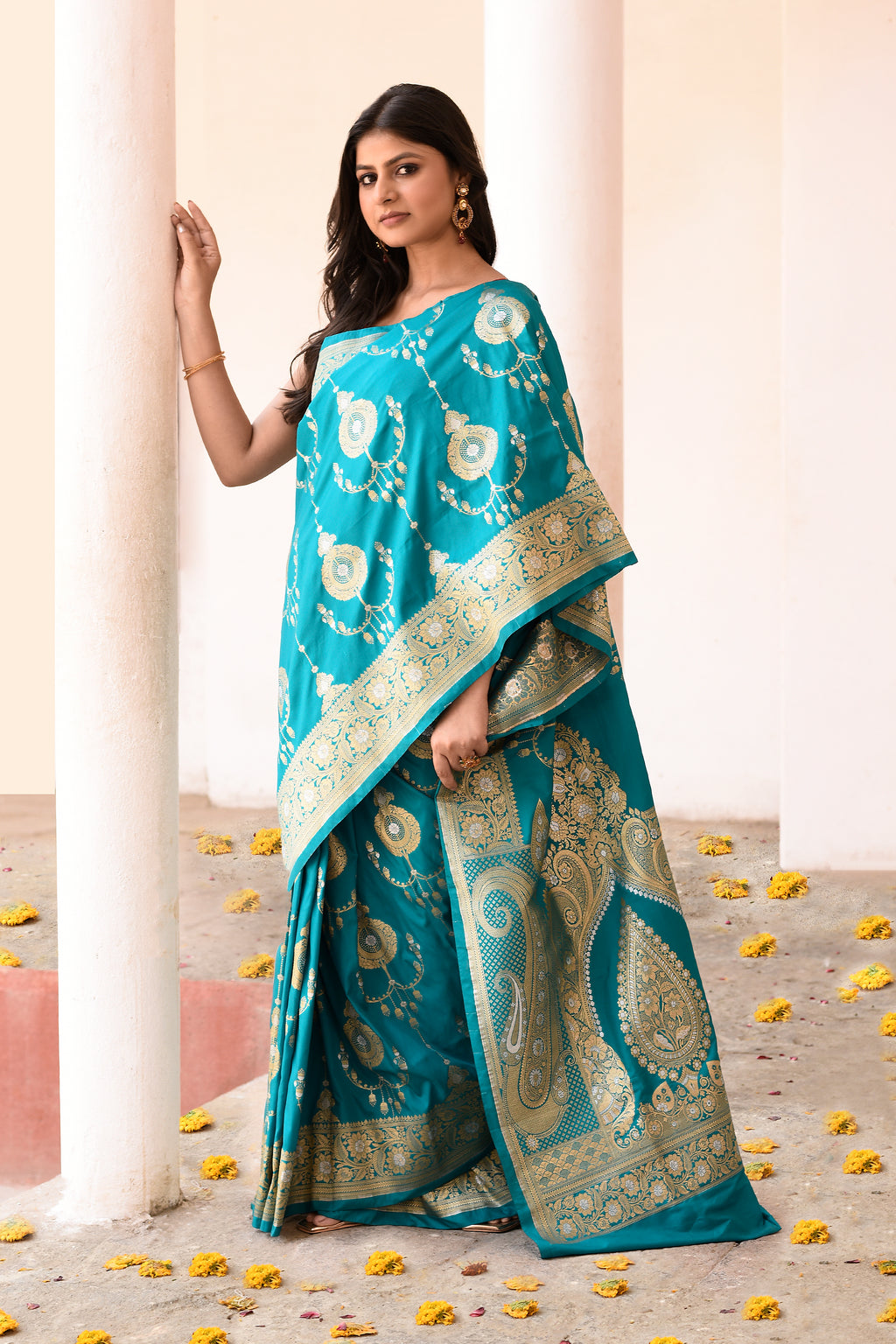 Teal Green Banarasi Soft Silk Saree