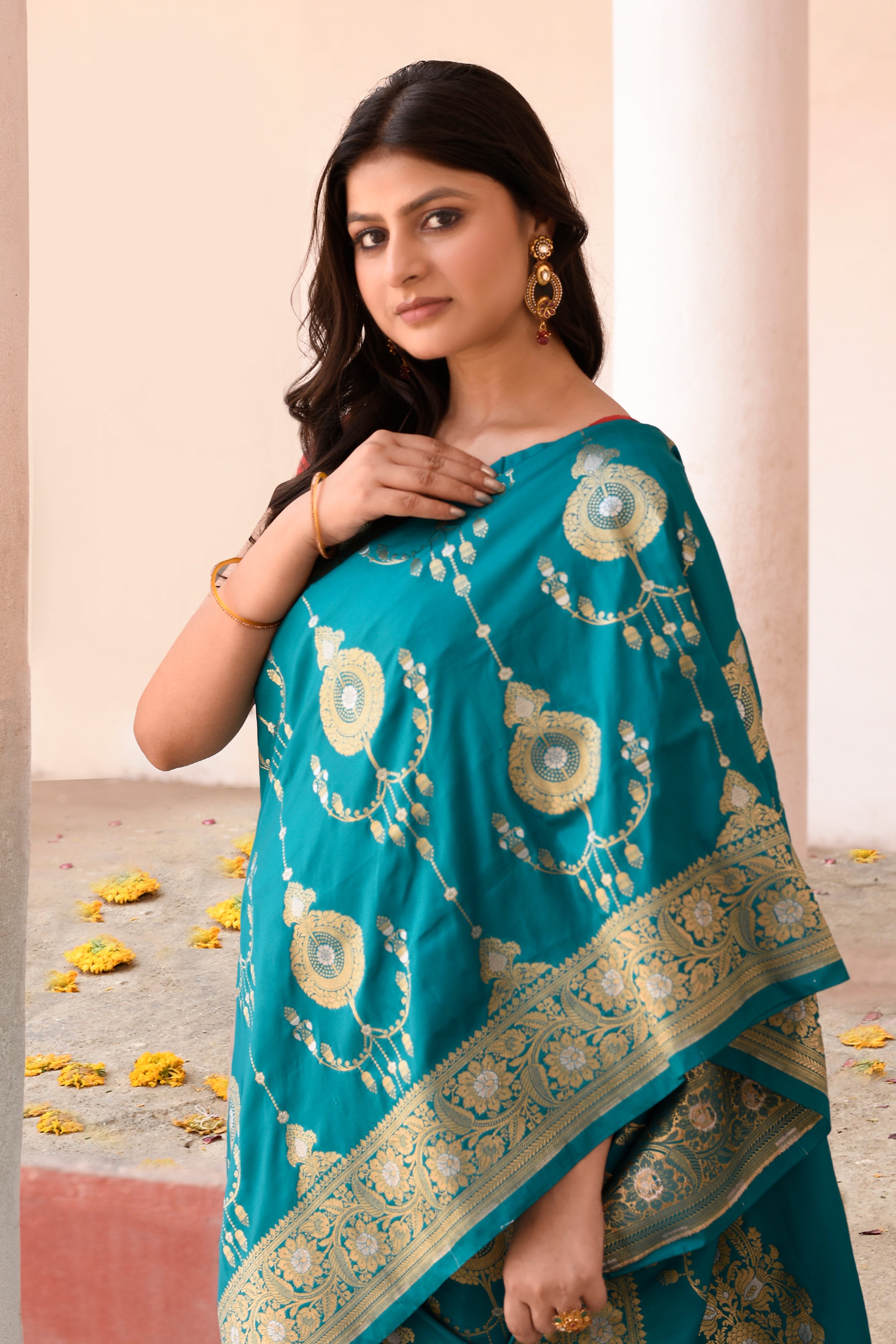 Teal Green Banarasi Soft Silk Saree