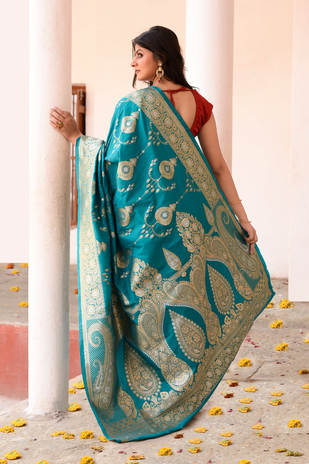 Teal Green Banarasi Soft Silk Saree