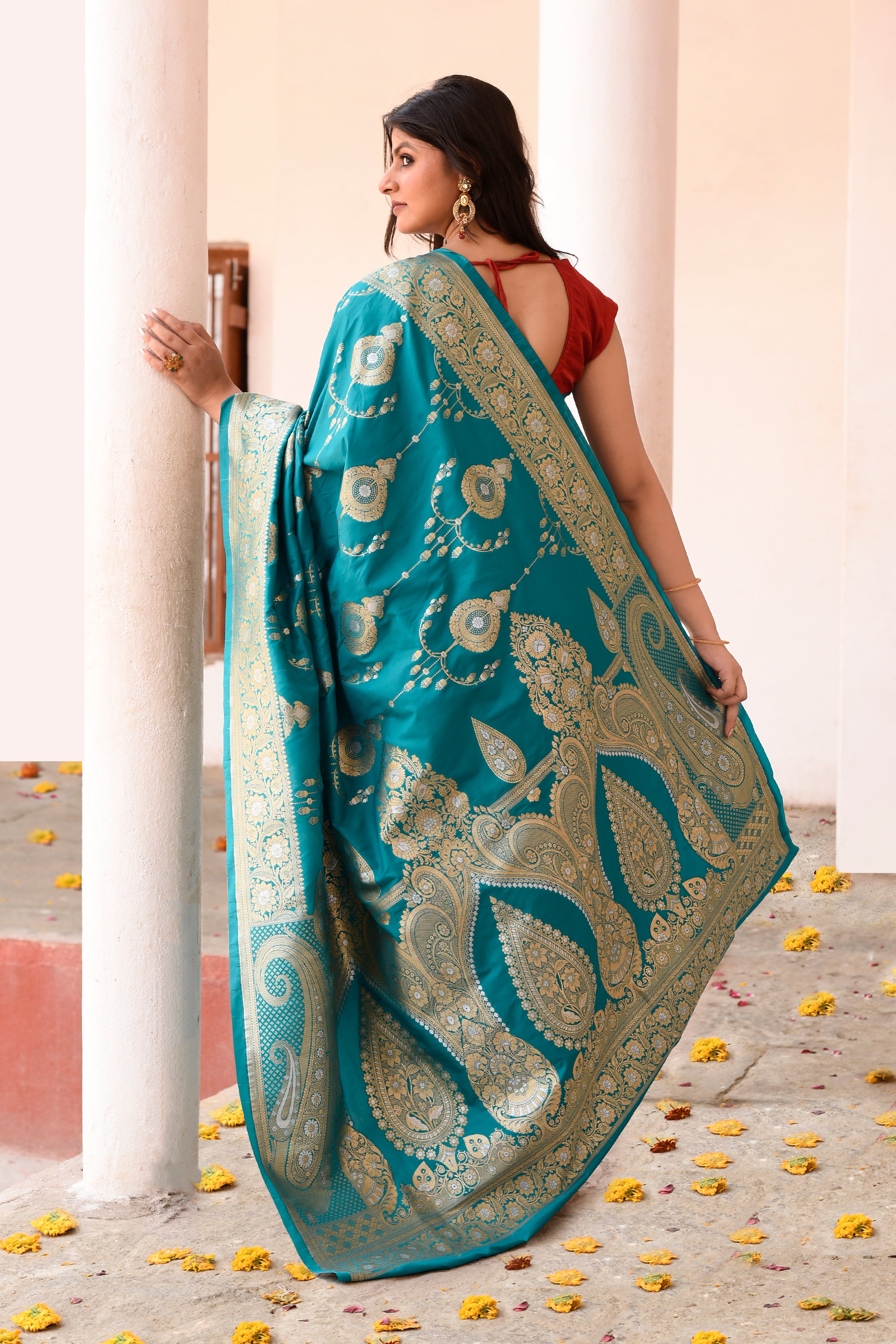 Teal Green Banarasi Soft Silk Saree