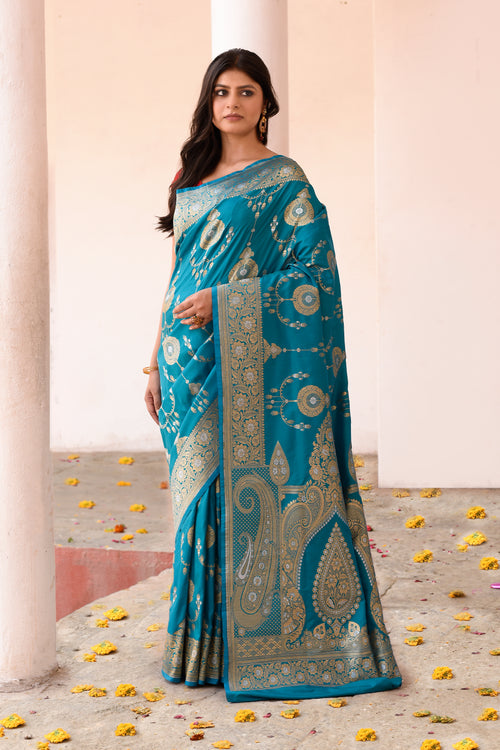 Turquoise Blue Banarasi Silk Saree
