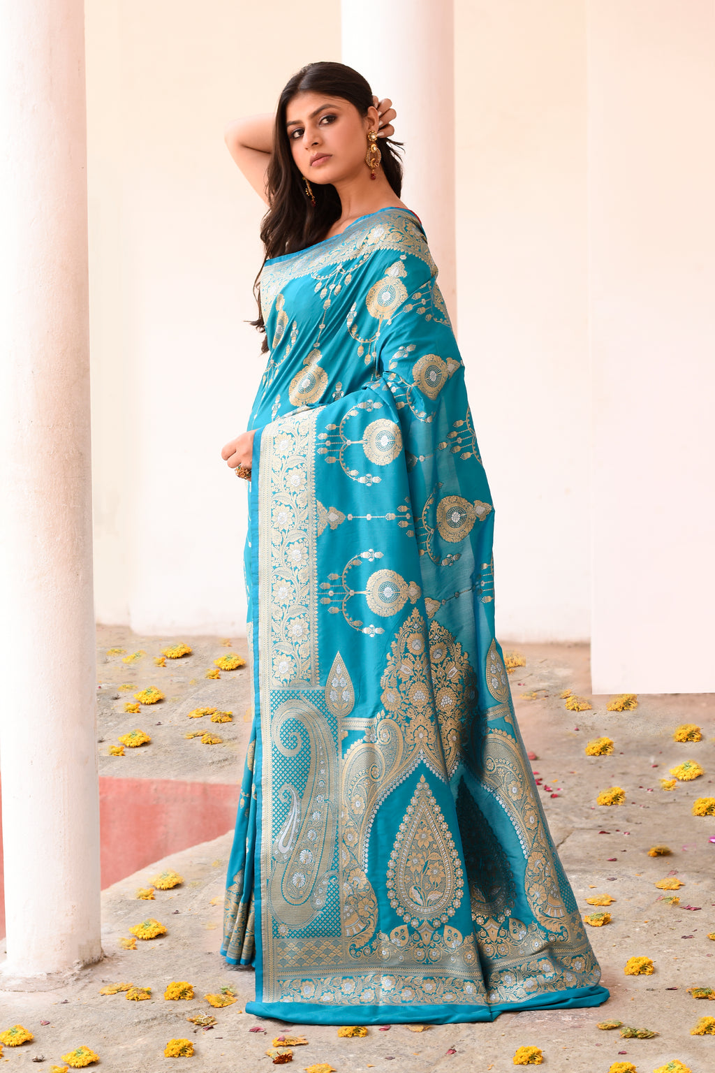Turquoise Blue Banarasi Soft Silk Saree