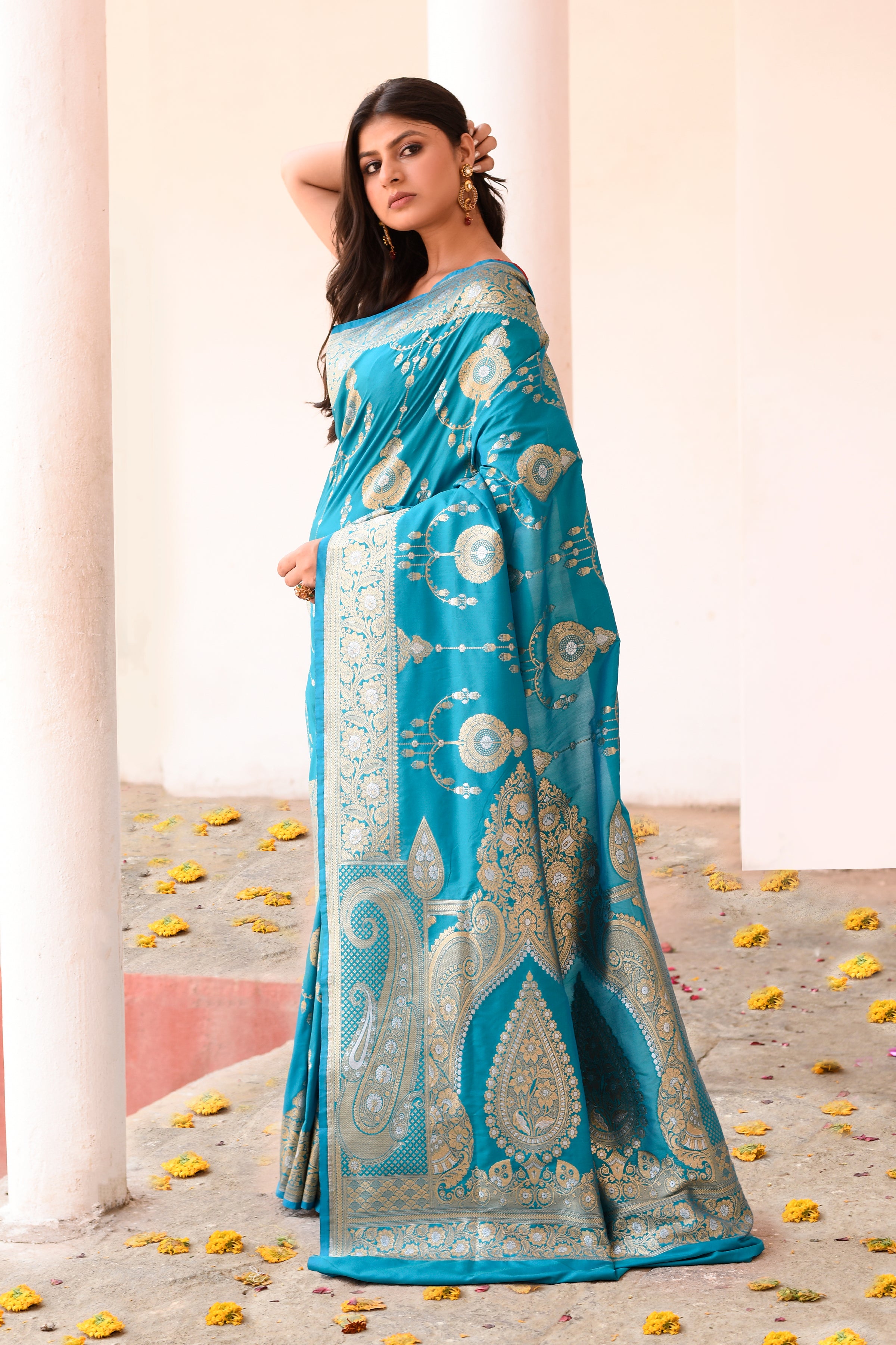 Turquoise Blue Banarasi Soft Silk Saree