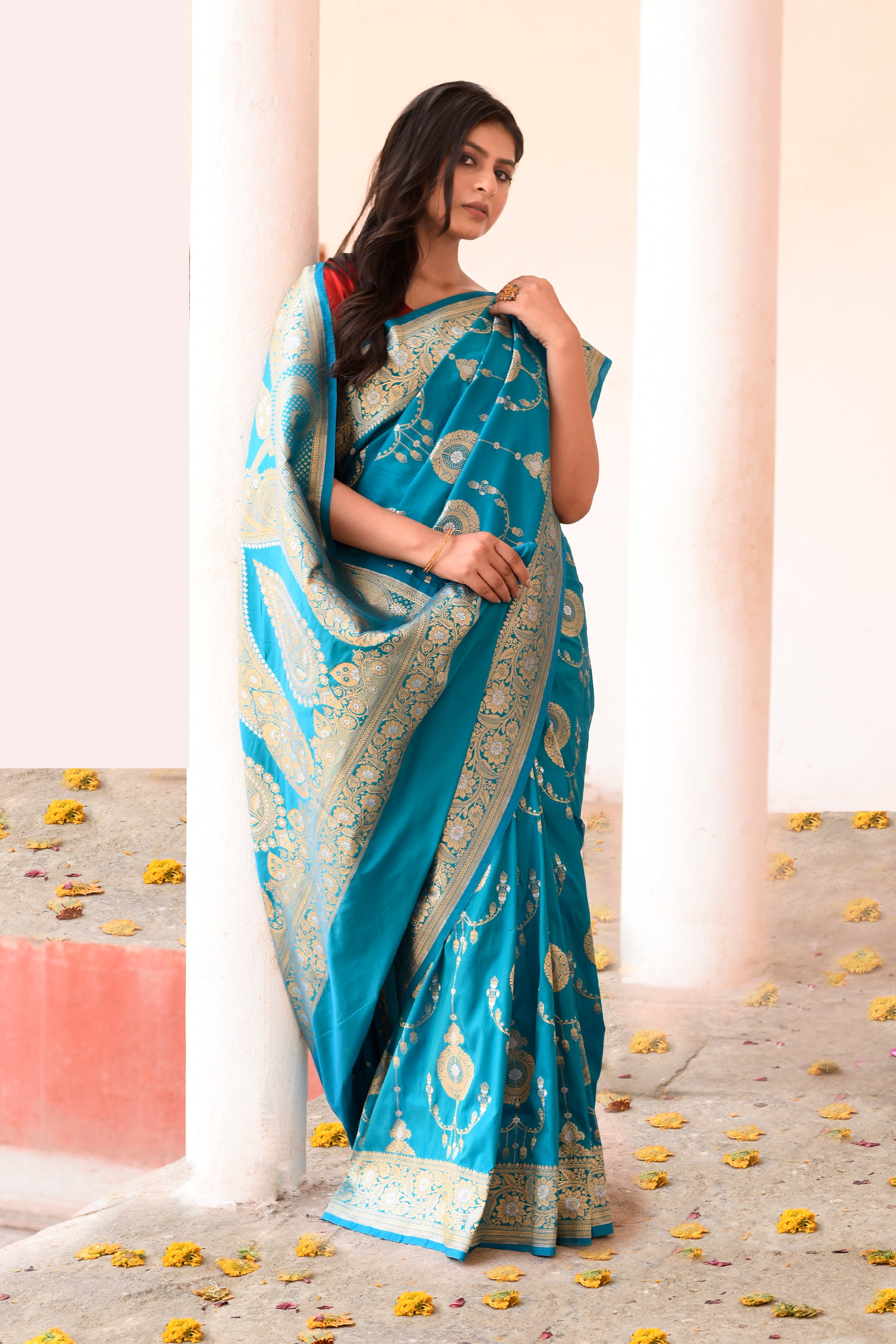 Turquoise Blue Banarasi Soft Silk Saree