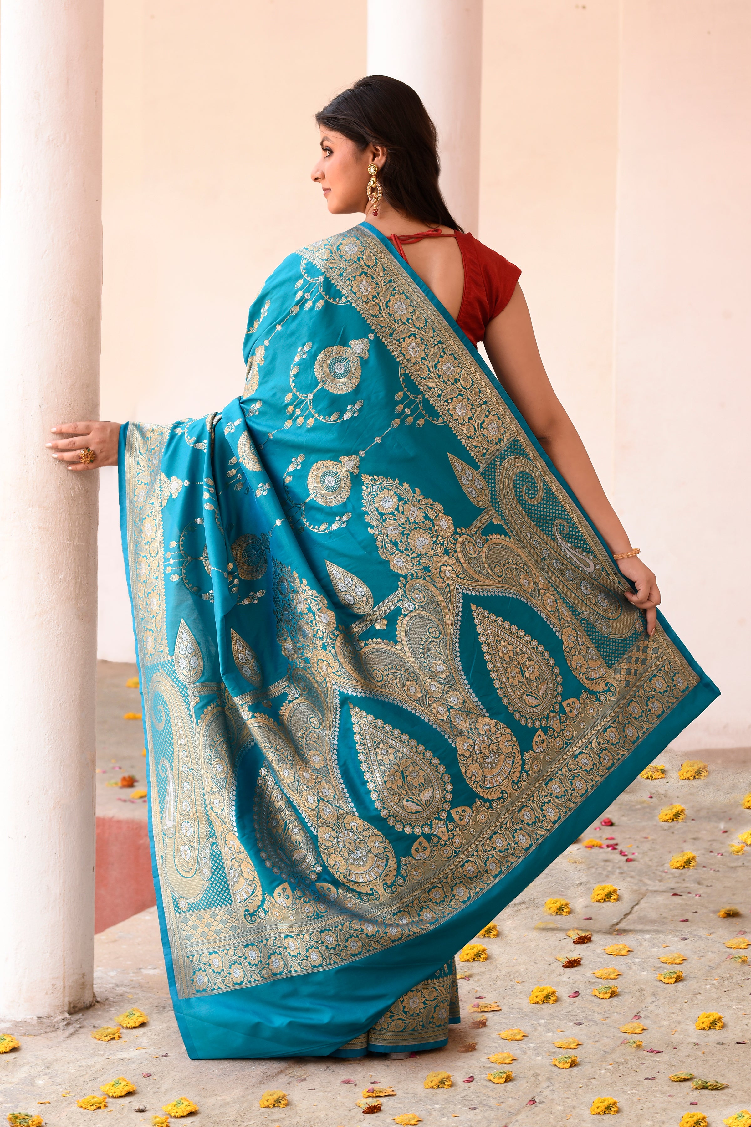 Turquoise Blue Banarasi Soft Silk Saree