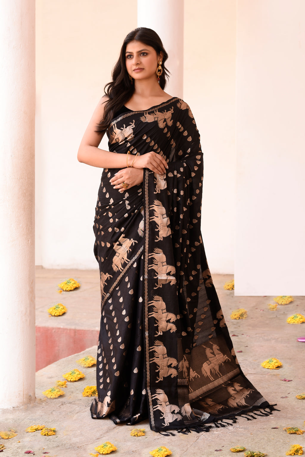 Black Handwoven Linen Saree with Beige Horse Motifs