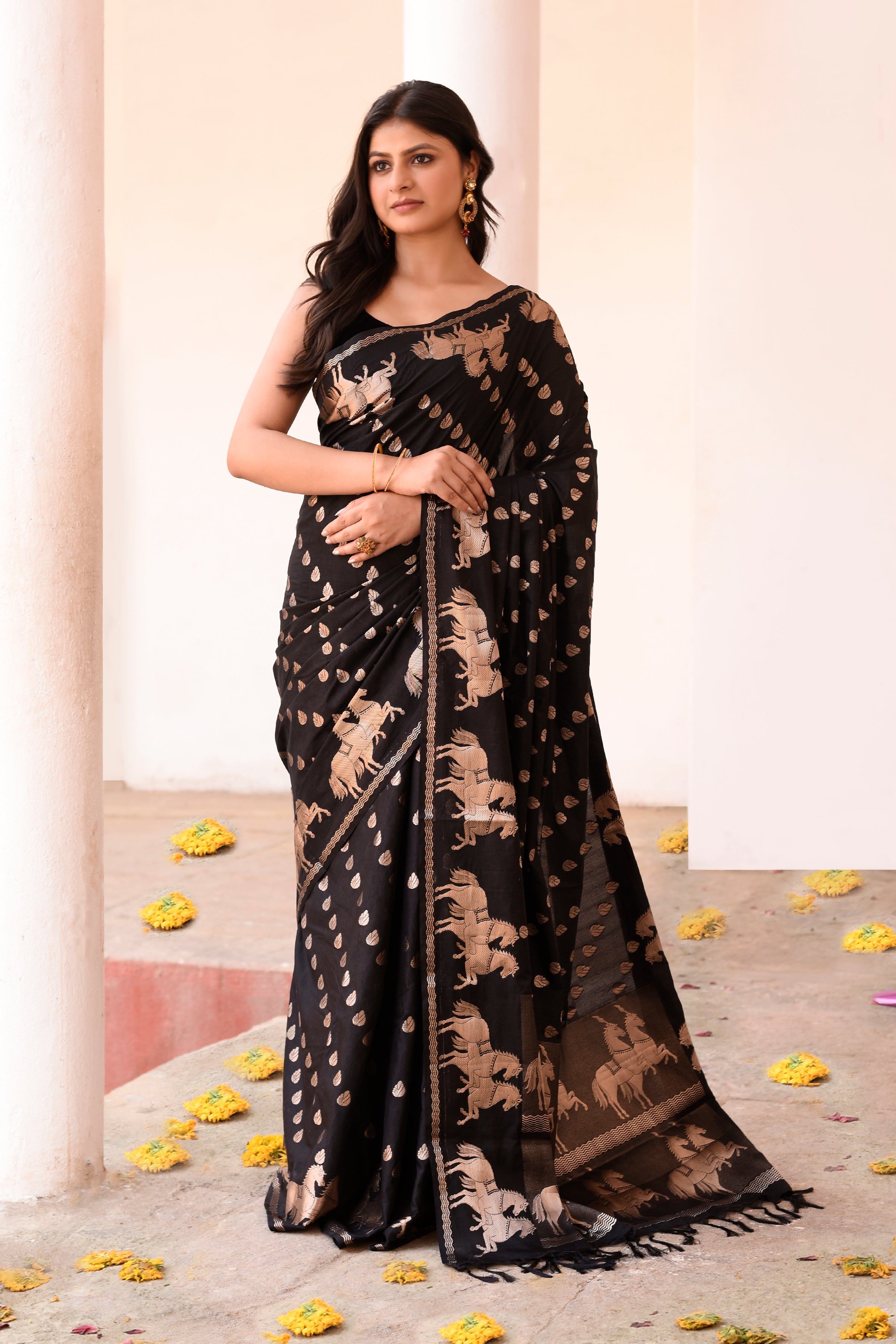 Black Handwoven Linen Saree with Beige Horse Motifs