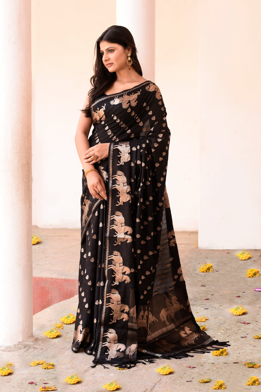 Black Handwoven Linen Saree with Beige Horse Motifs