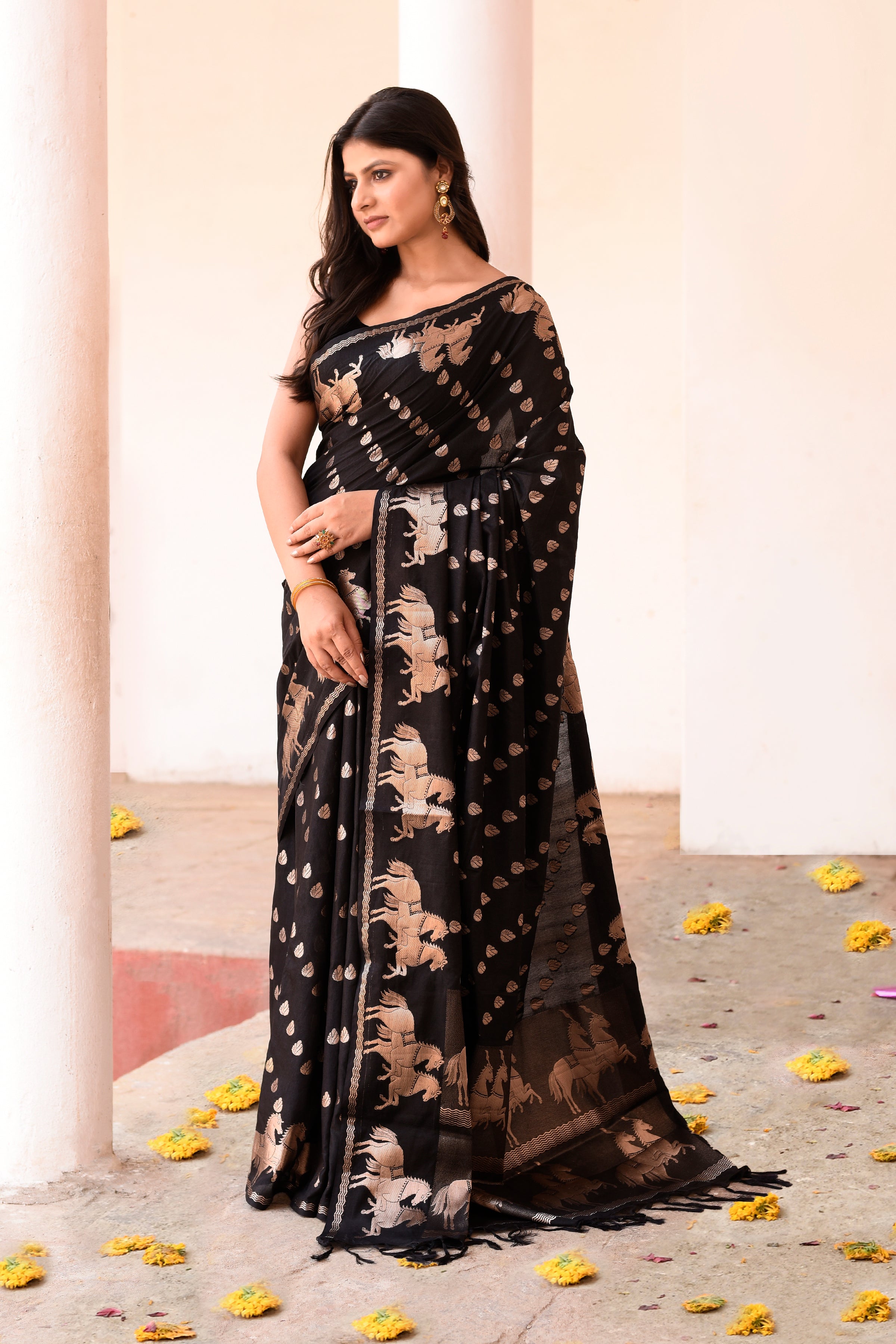 Black Handwoven Linen Saree with Beige Horse Motifs