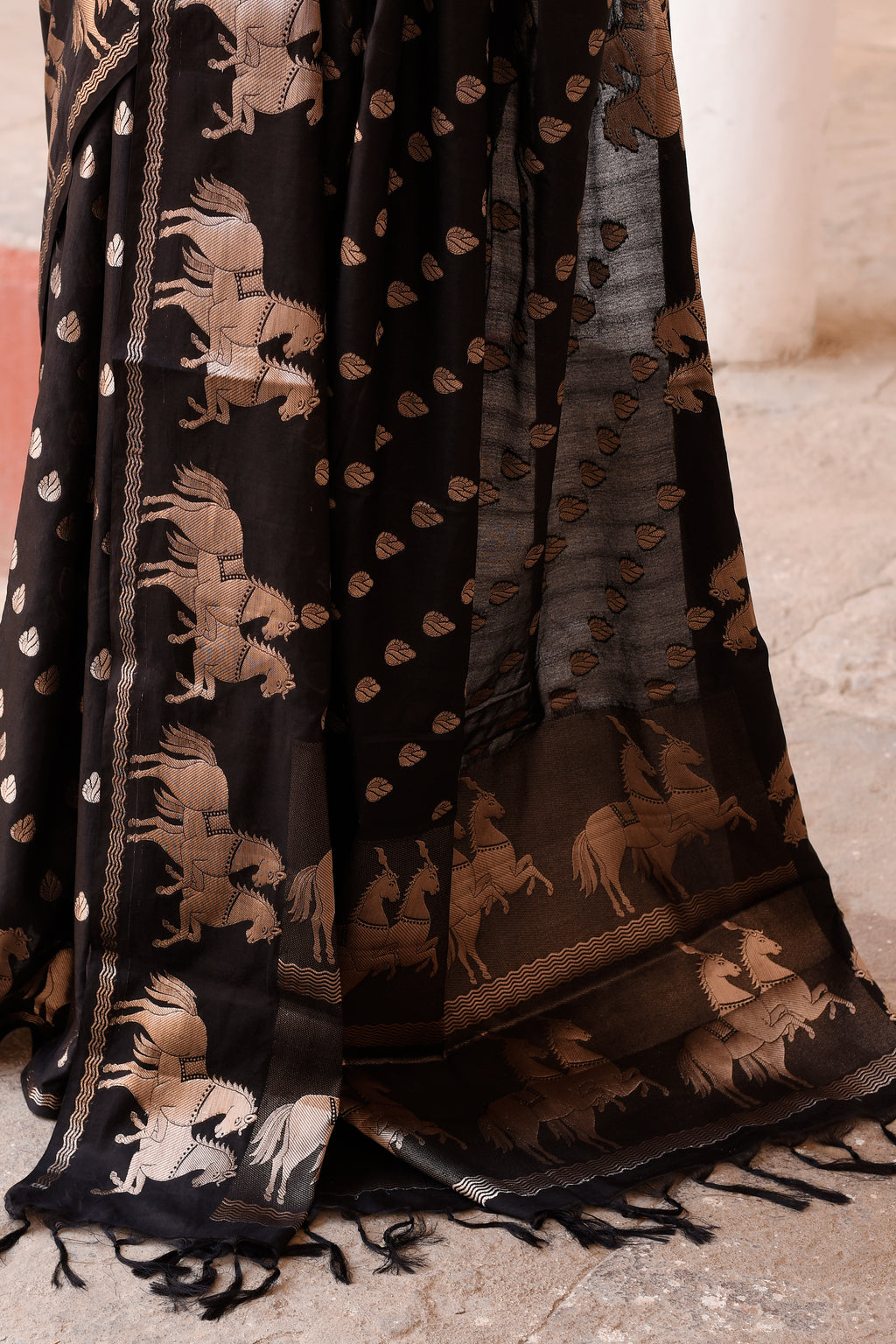 Black Handwoven Linen Saree with Beige Horse Motifs