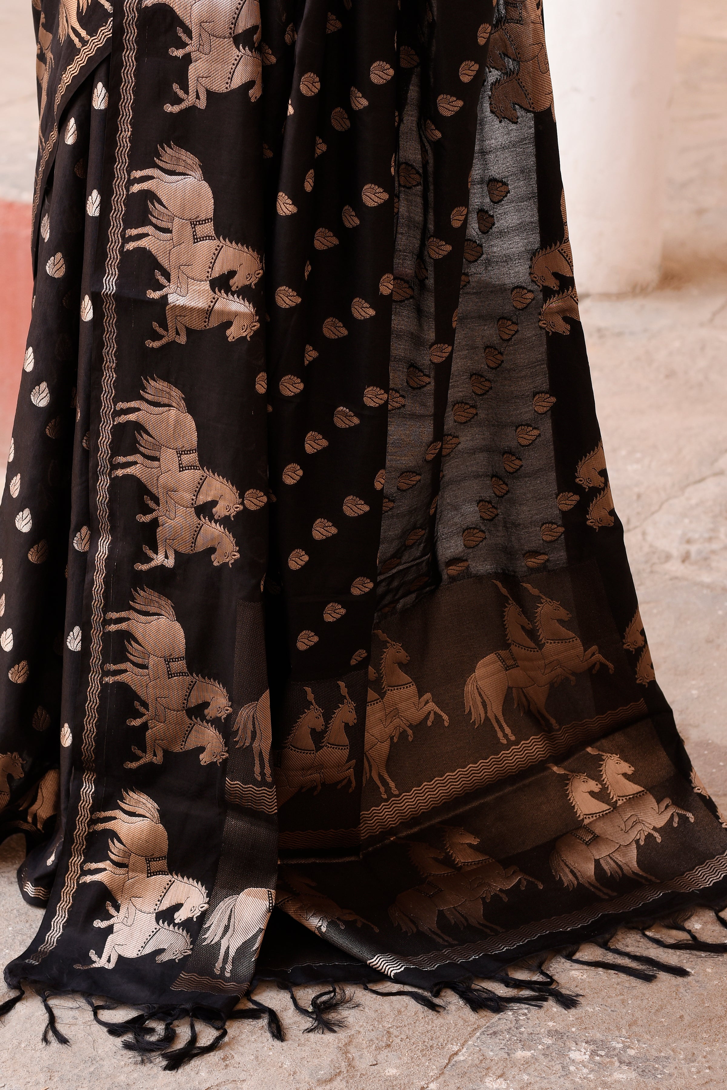 Black Handwoven Linen Saree with Beige Horse Motifs