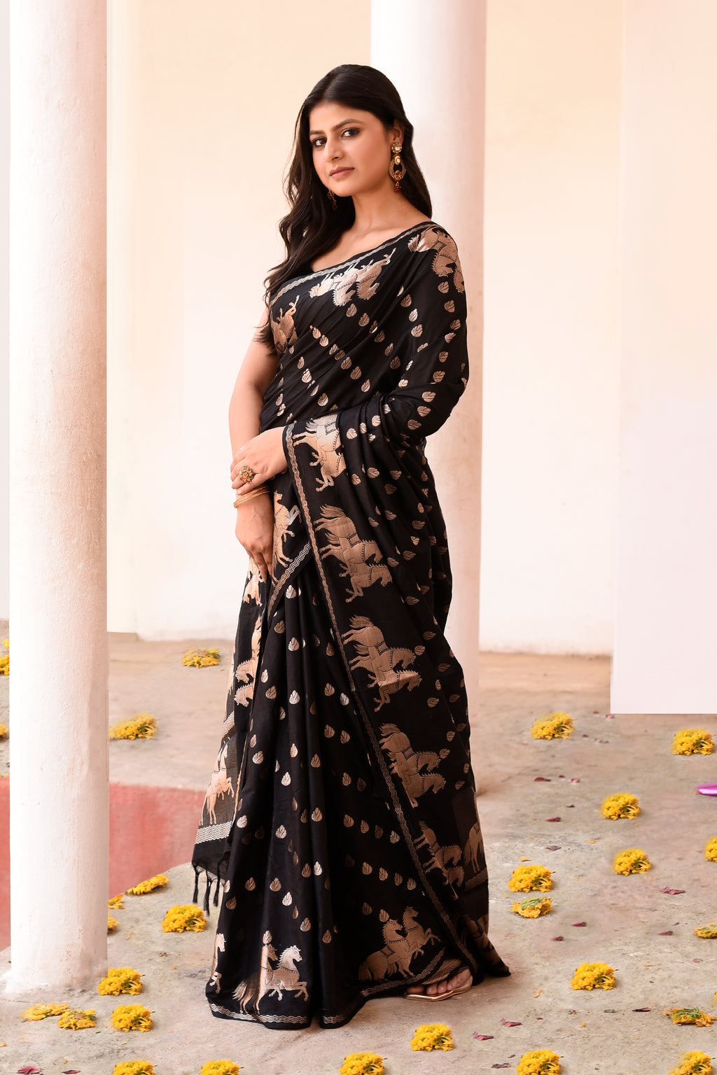 Black Handwoven Linen Saree with Beige Horse Motifs