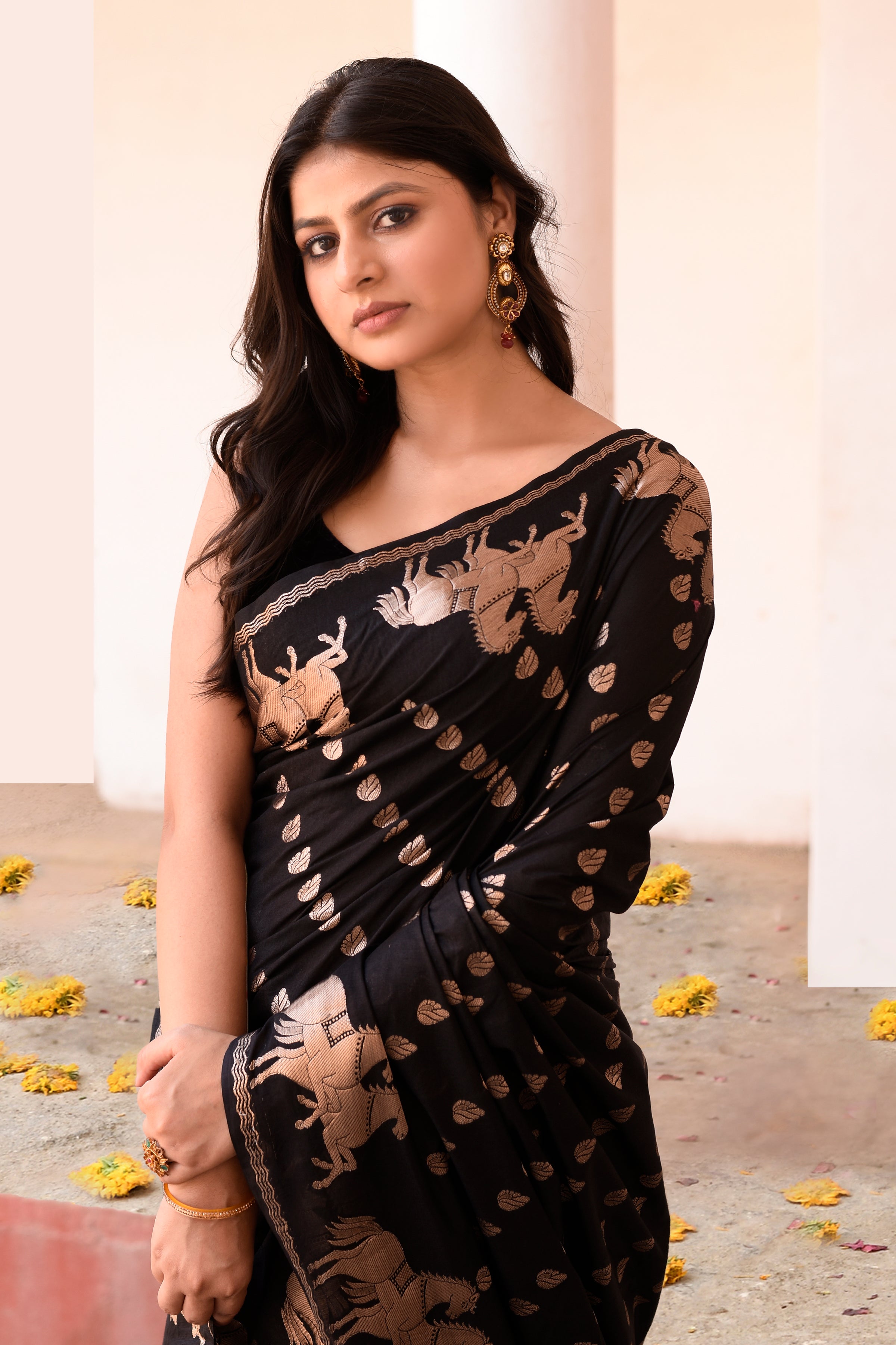 Black Handwoven Linen Saree with Beige Horse Motifs