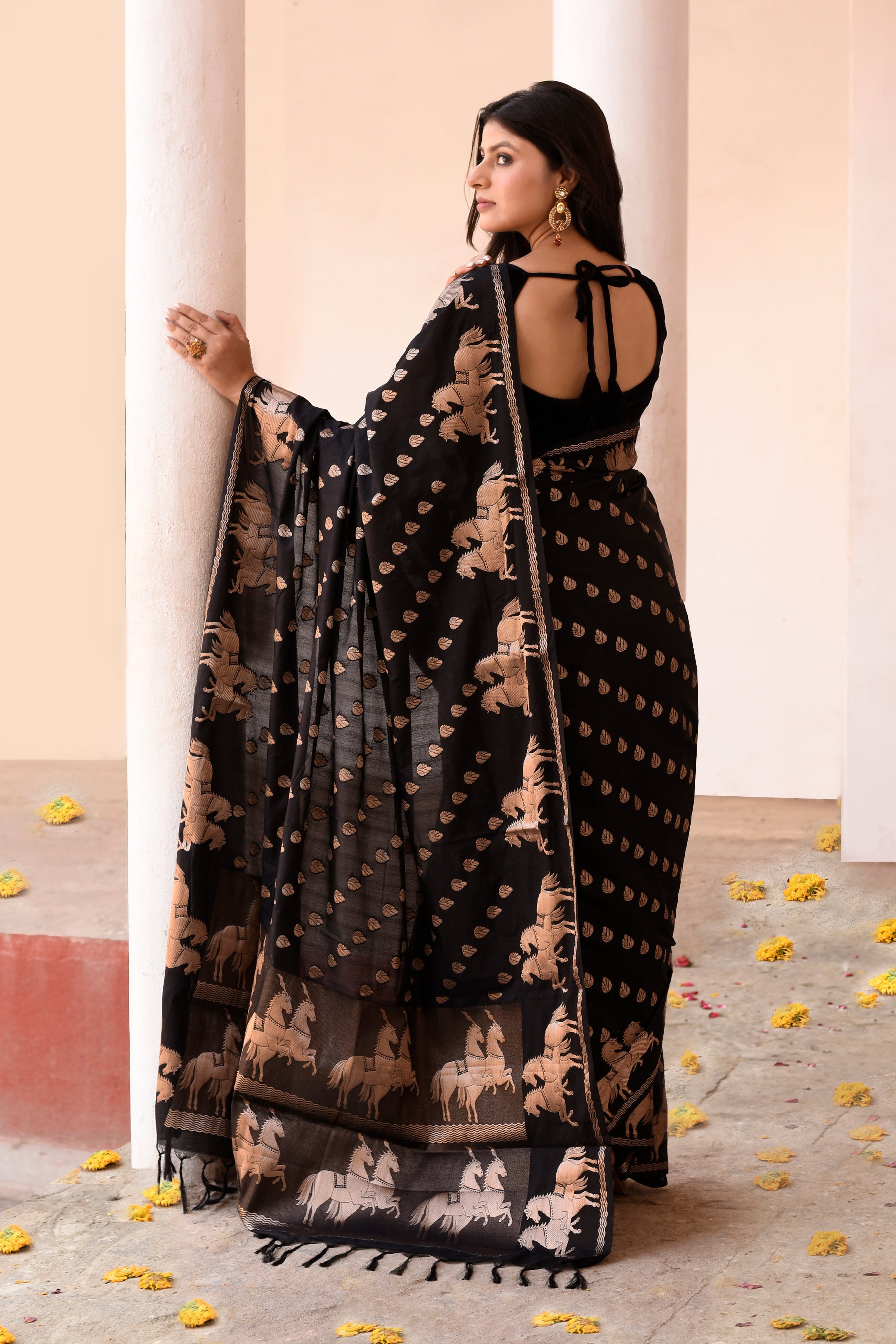 Black Handwoven Linen Saree with Beige Horse Motifs