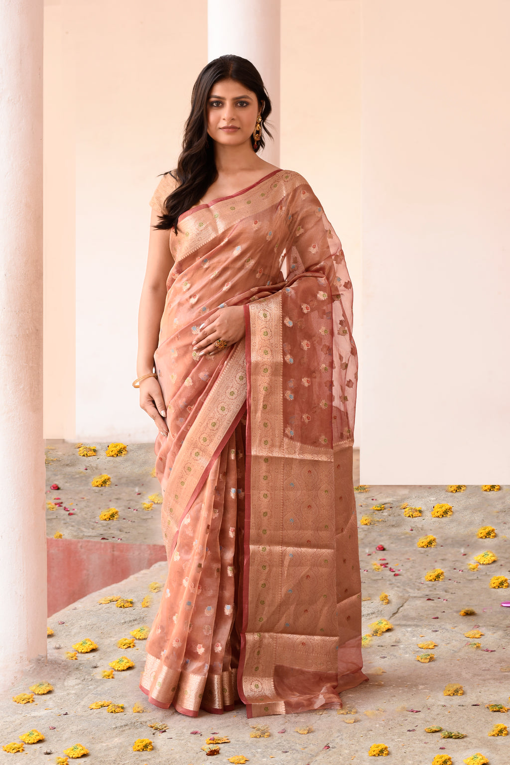 Rose Gold Pure Tissue Saree with All-Over Buti