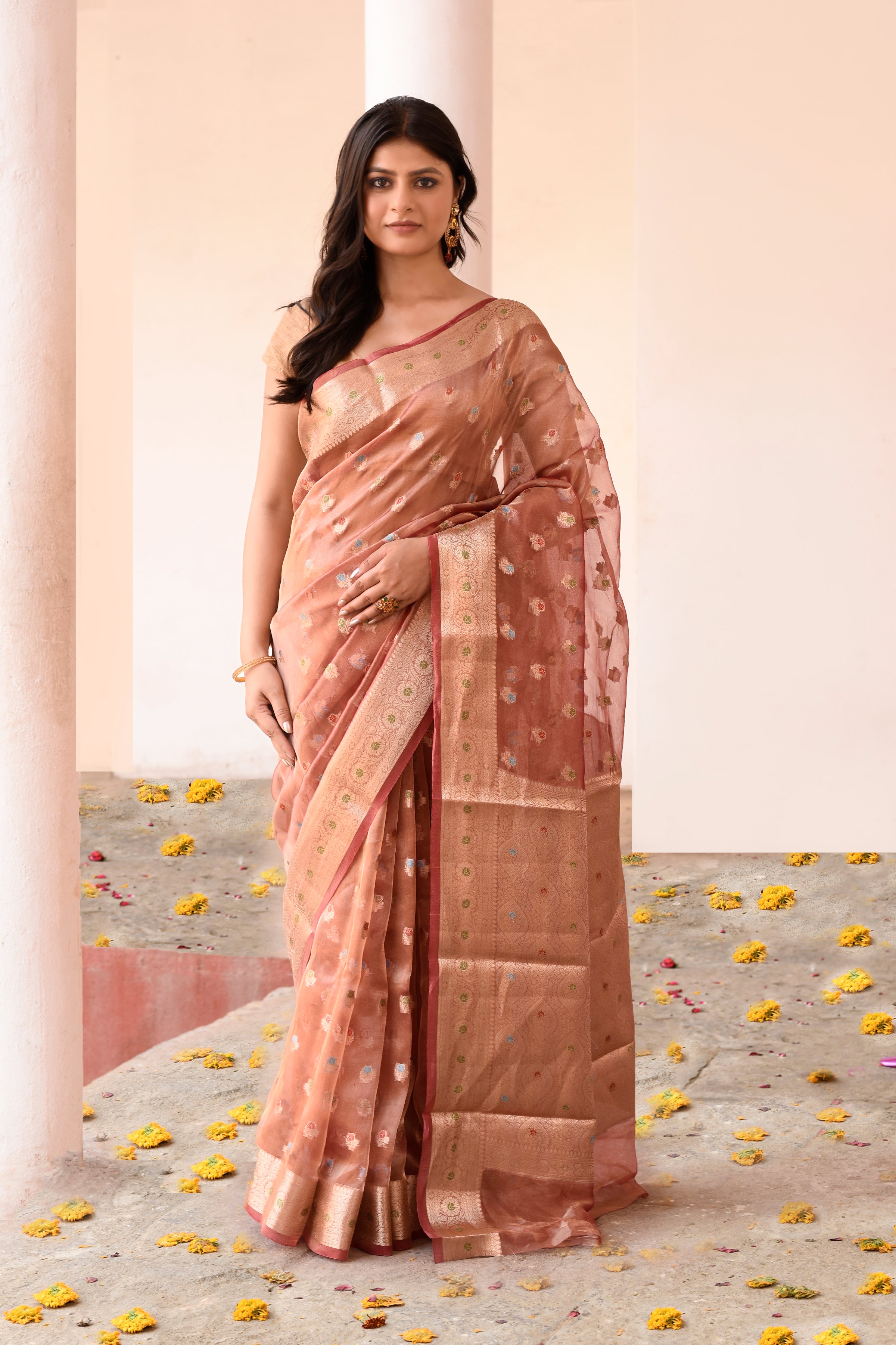 Rose Gold Pure Tissue Saree with All-Over Buti