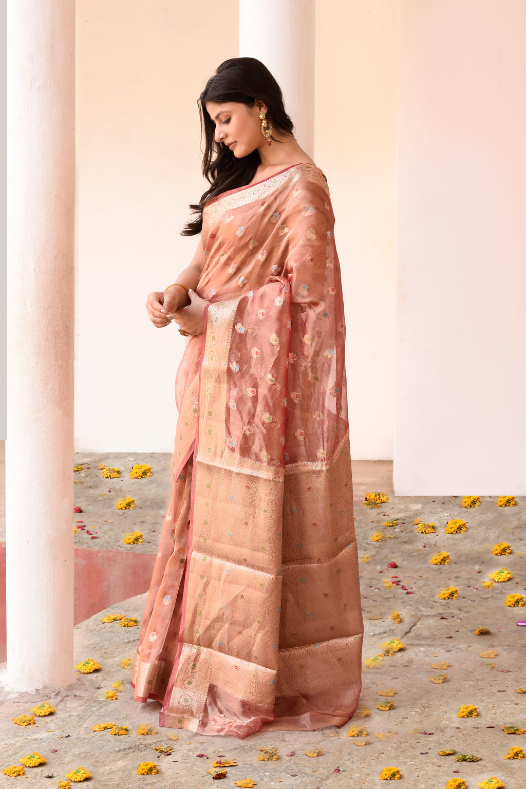 Rose Gold Pure Tissue Saree with All-Over Buti