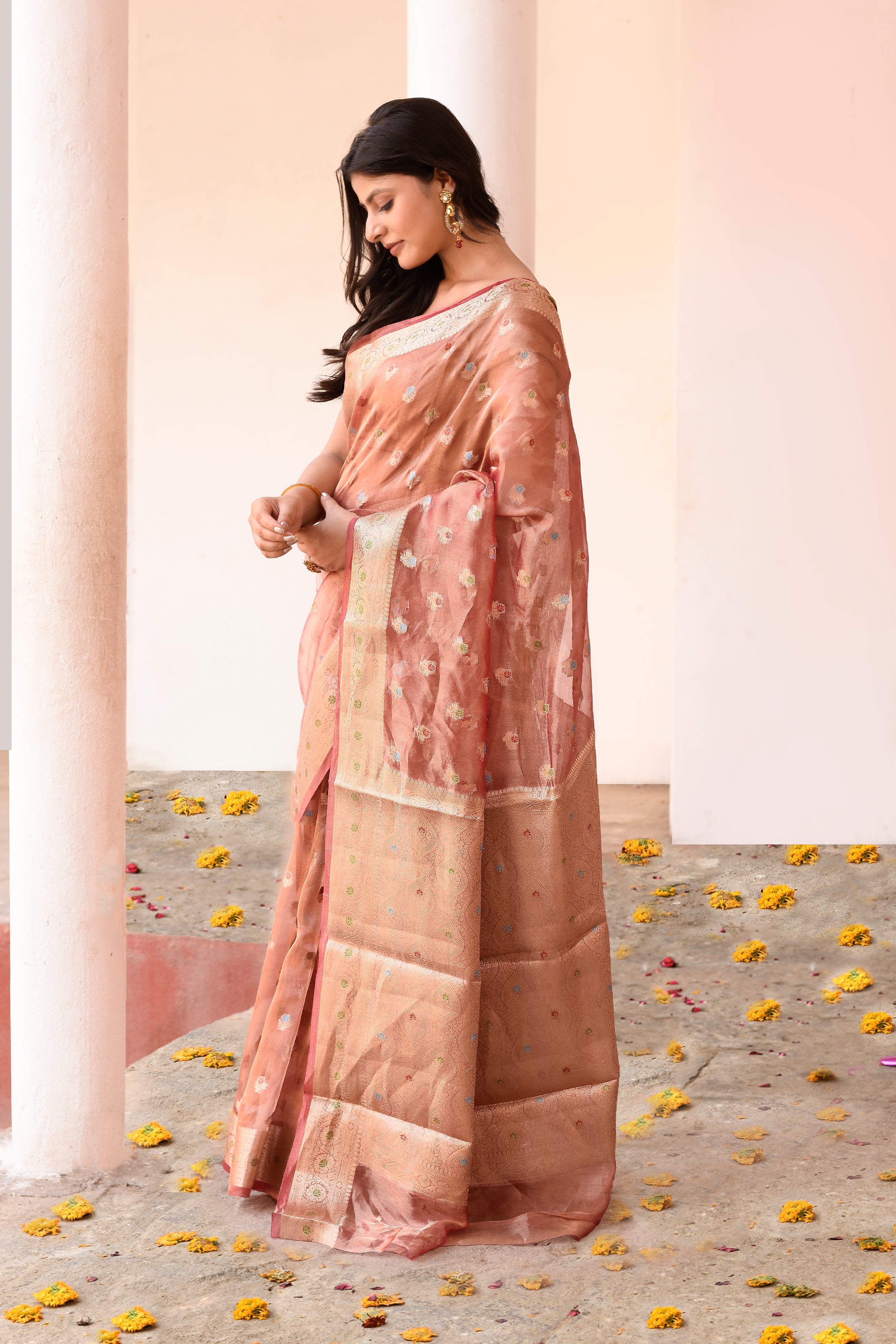Rose Gold Pure Tissue Saree with All-Over Buti