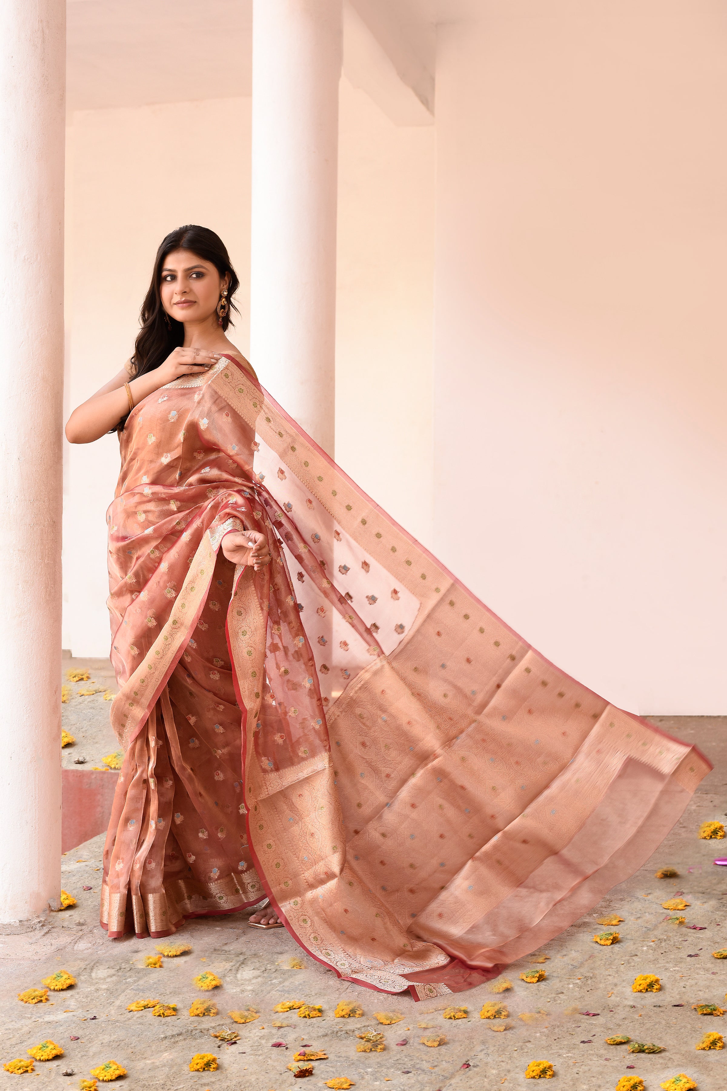 Rose Gold Pure Tissue Saree with All-Over Buti