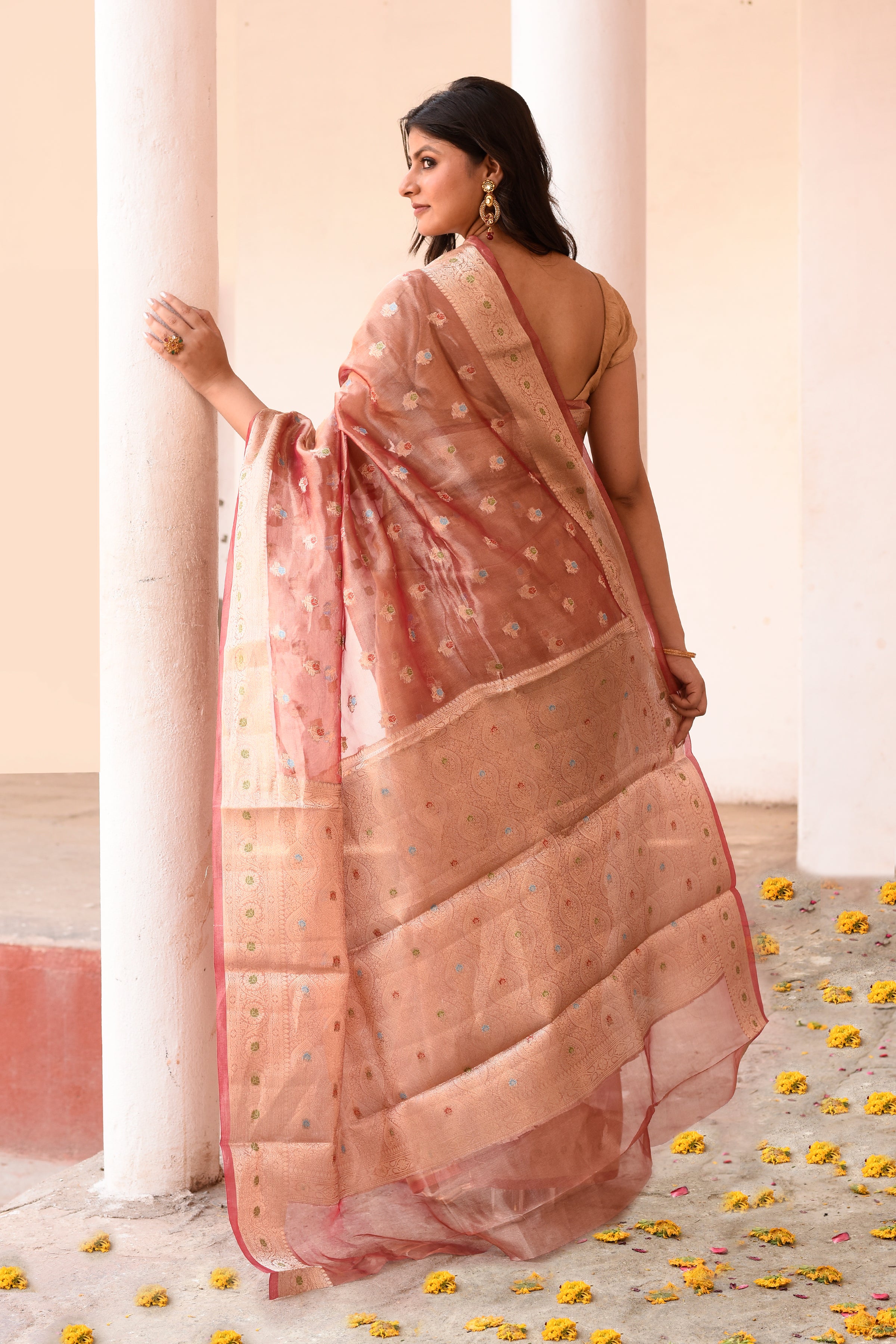 Rose Gold Pure Tissue Saree with All-Over Buti