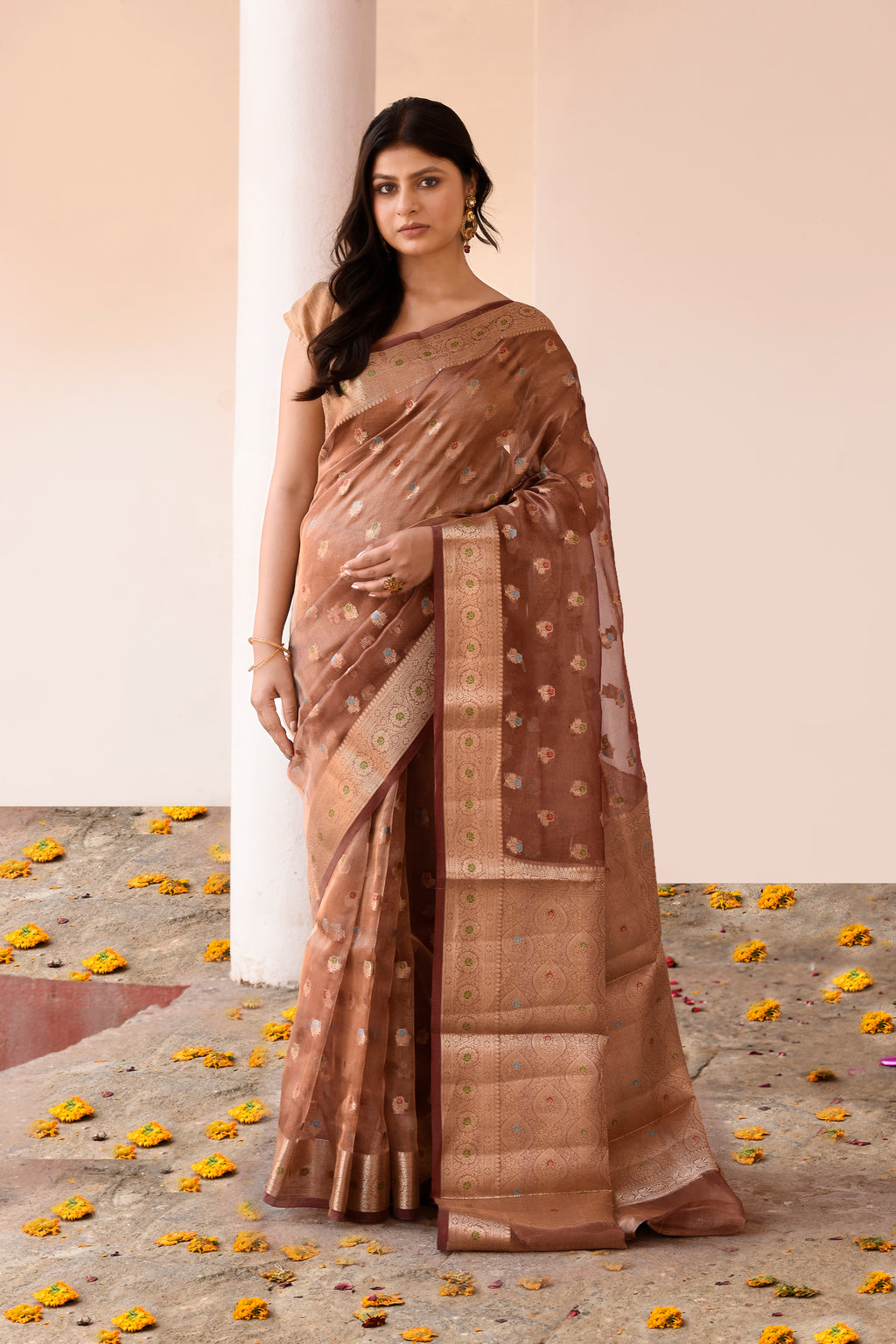Copper Pure Tissue Saree with Gold Zari Buti and Traditional Border