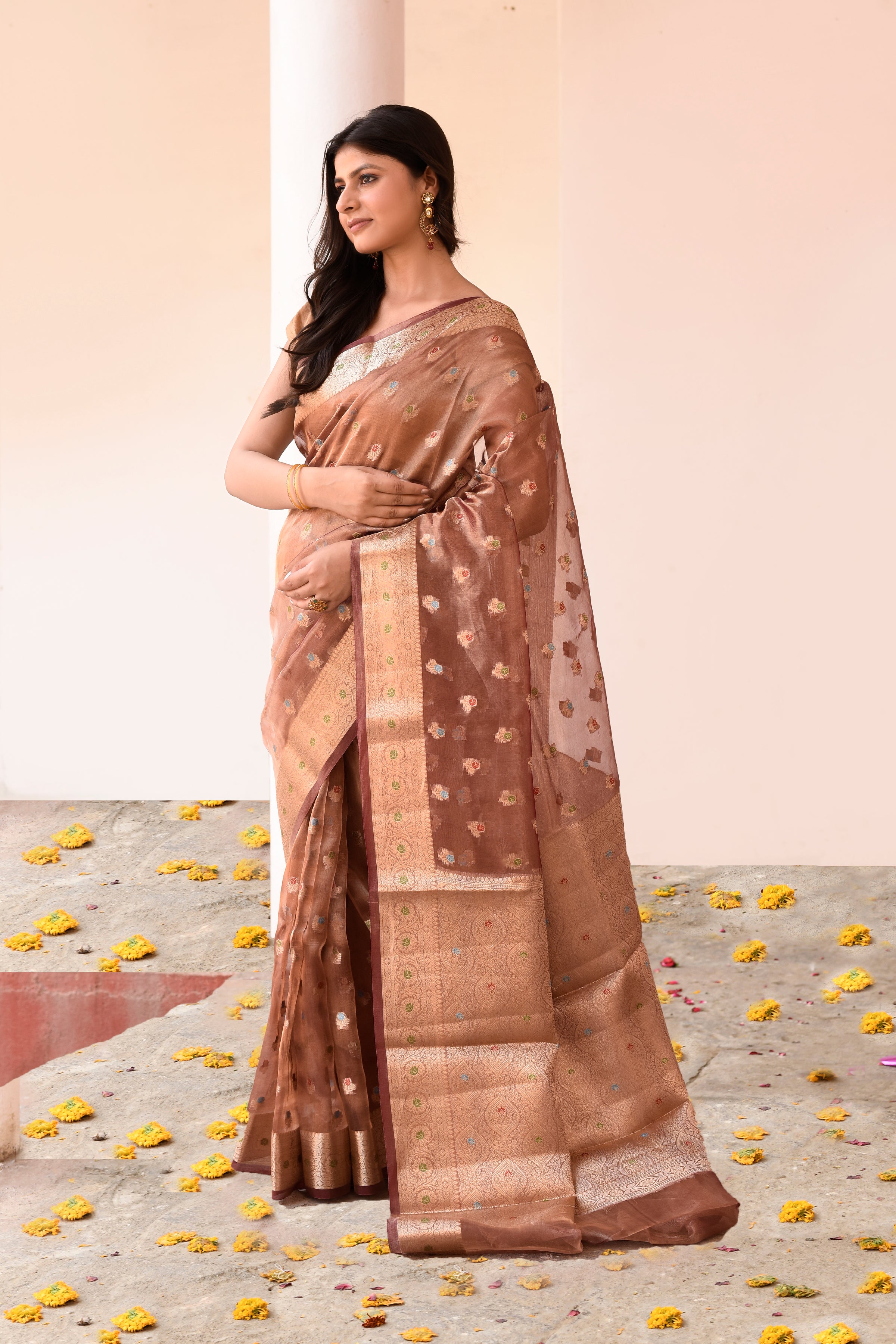 Copper Pure Tissue Saree with Gold Zari Buti and Traditional Border