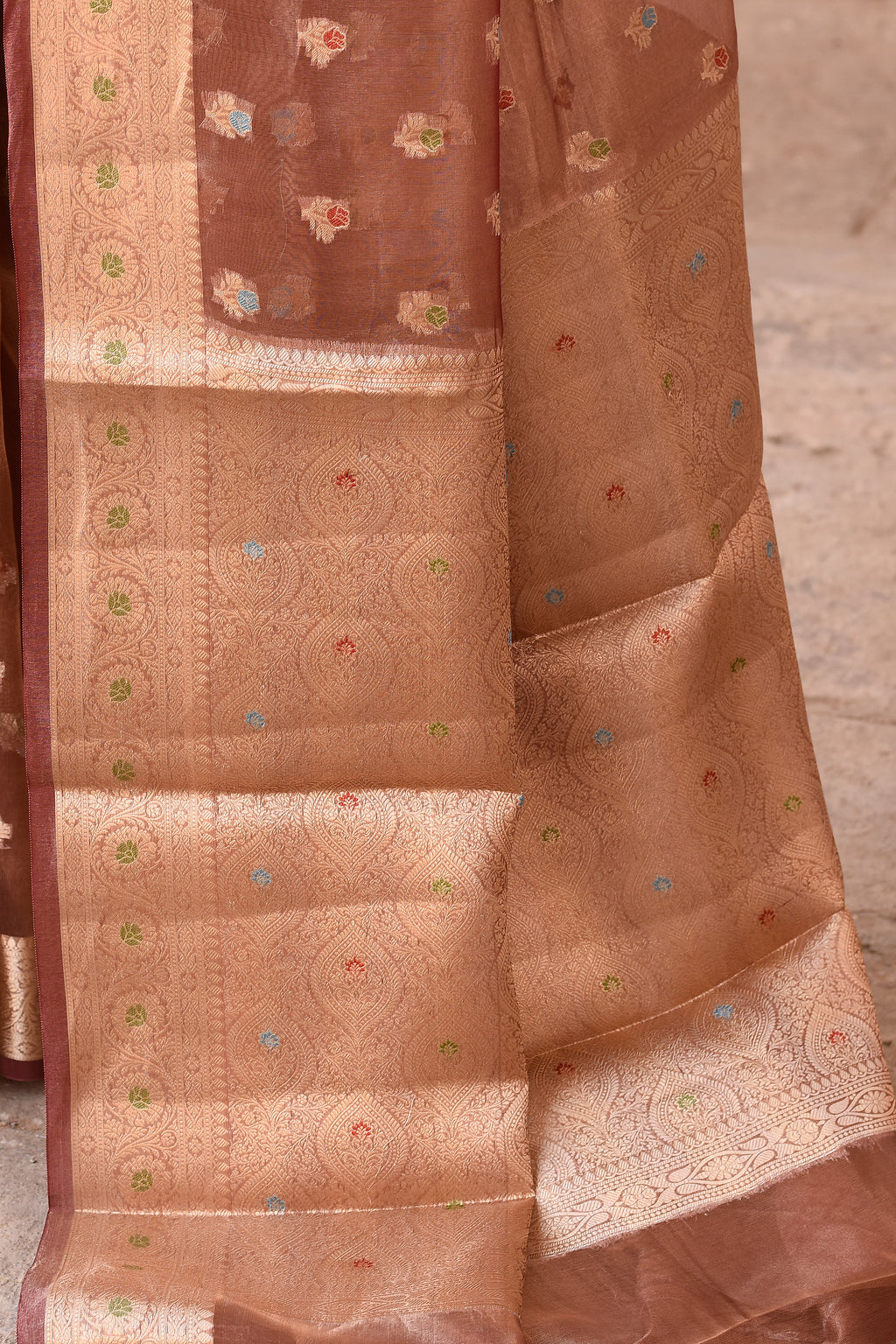 Copper Pure Tissue Saree with Gold Zari Buti and Traditional Border