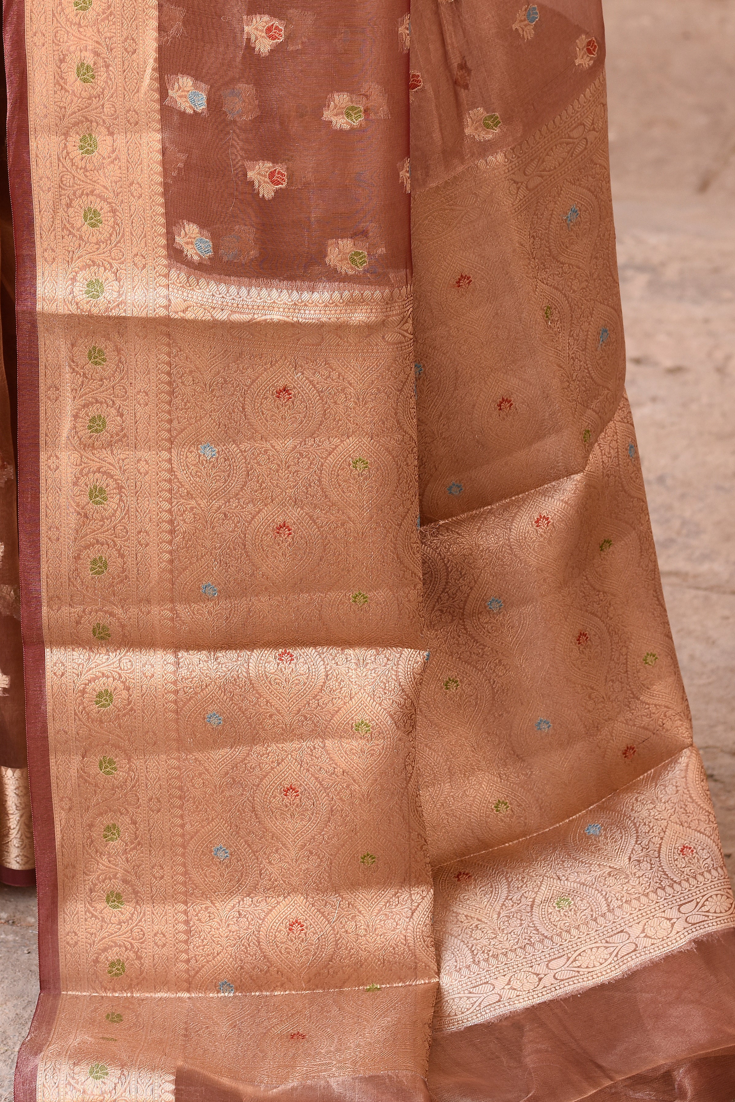 Copper Pure Tissue Saree with Gold Zari Buti and Traditional Border