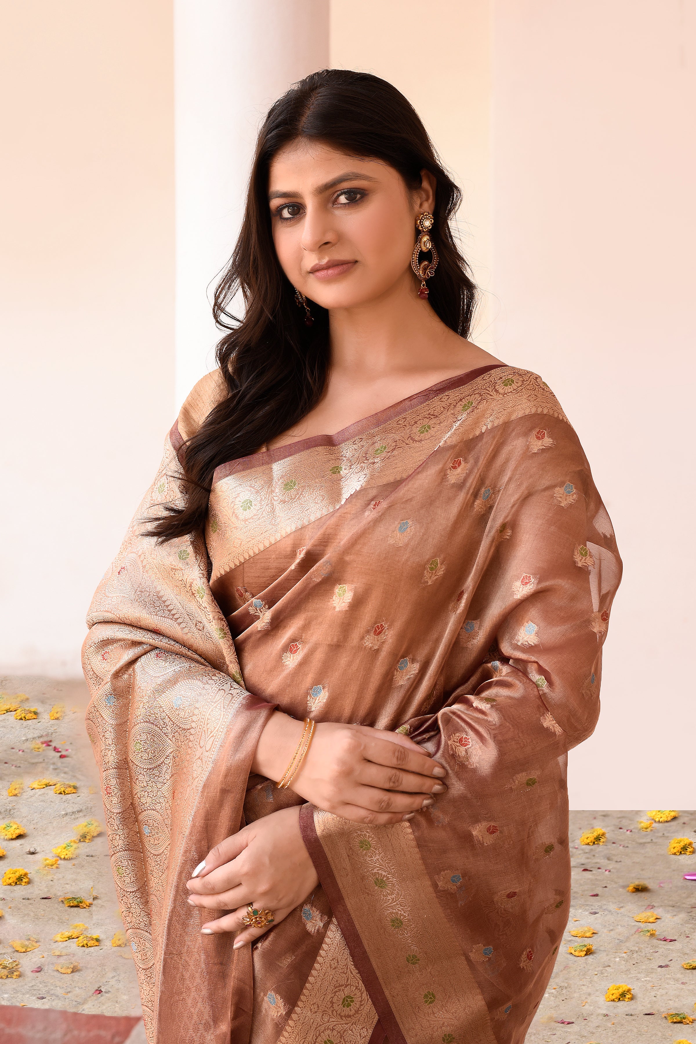 Copper Pure Tissue Saree with Gold Zari Buti and Traditional Border