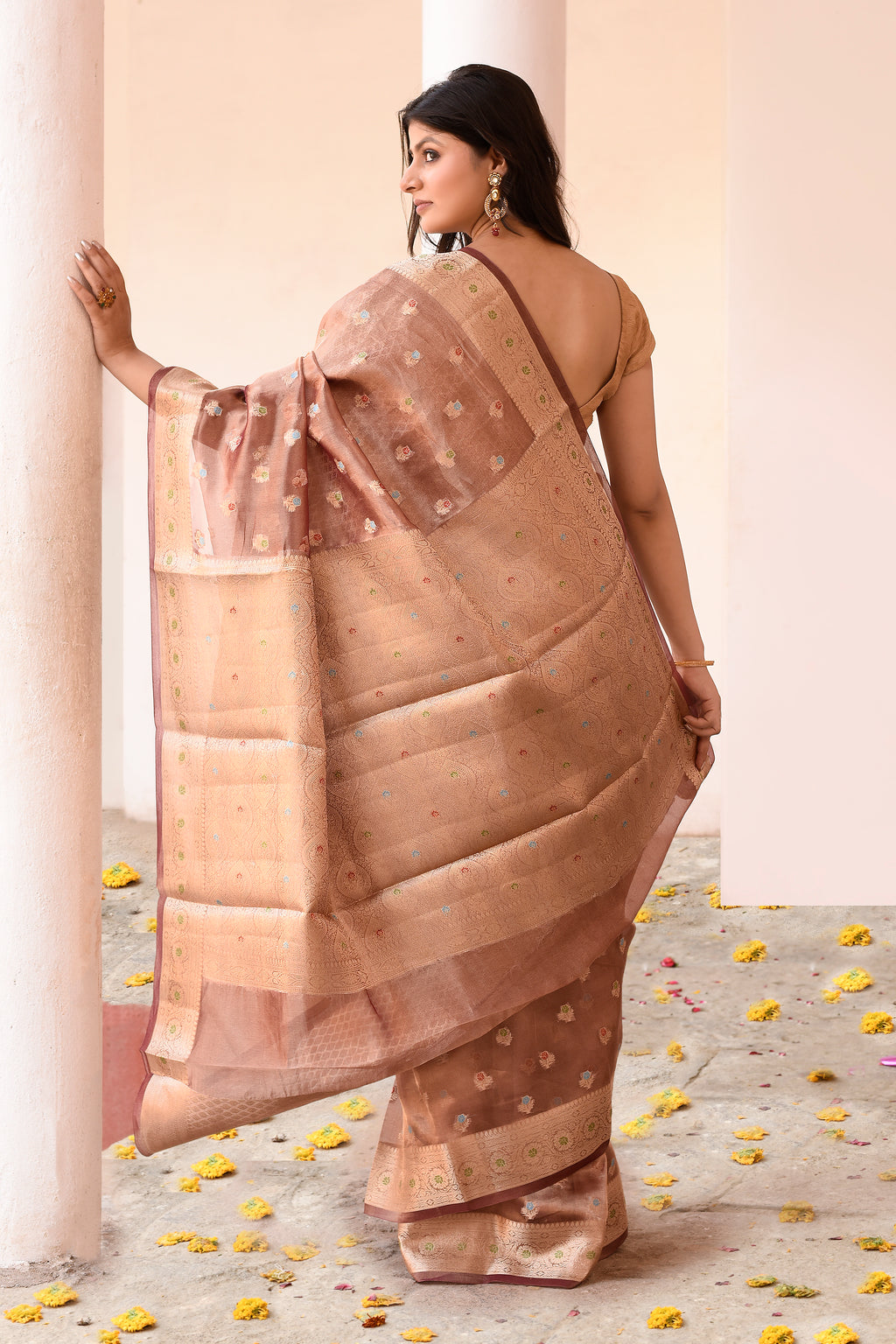 Copper Pure Tissue Saree with Gold Zari Buti and Traditional Border