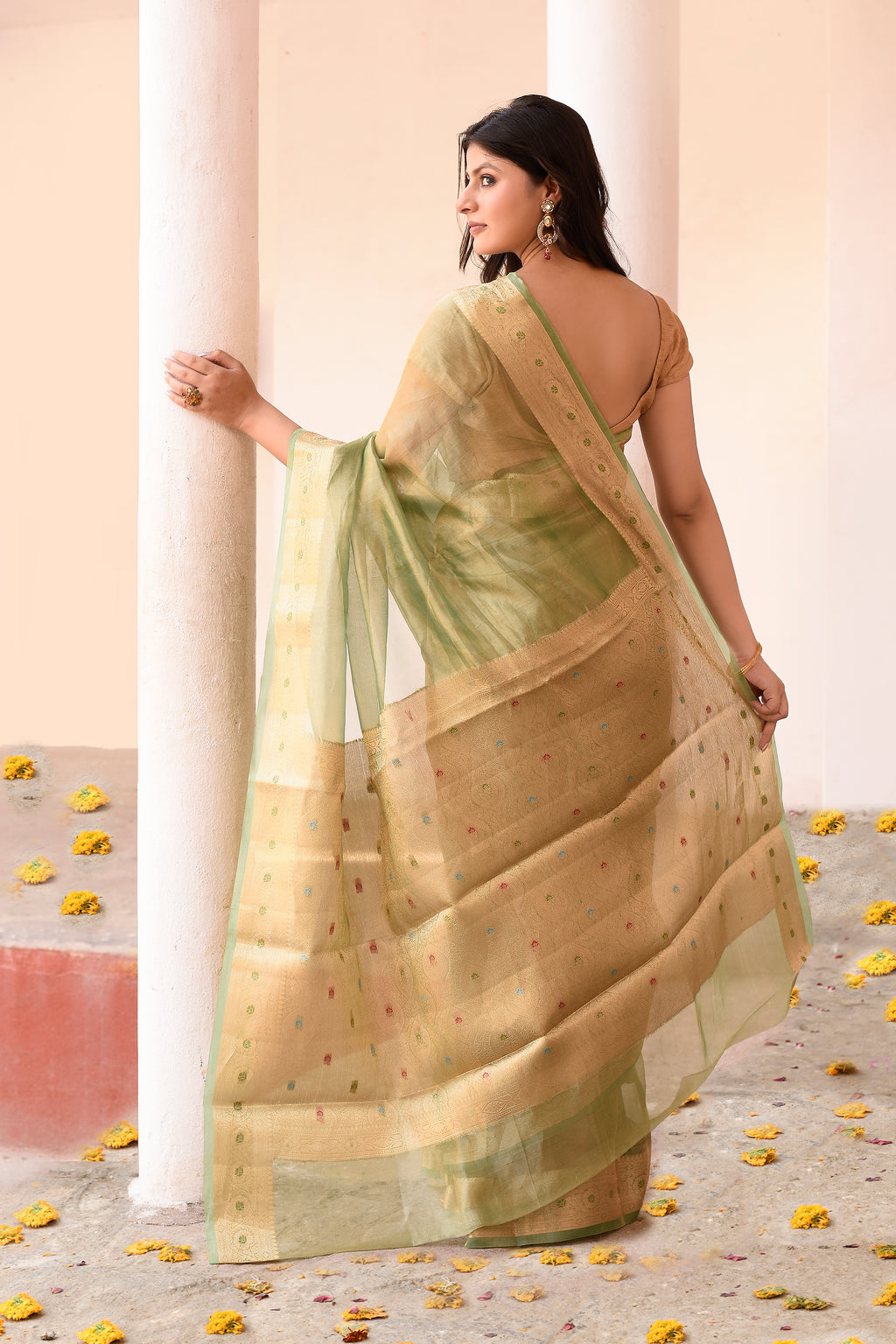 Light Green Plain Tissue Silk Saree with Elegant Traditional Zari Border