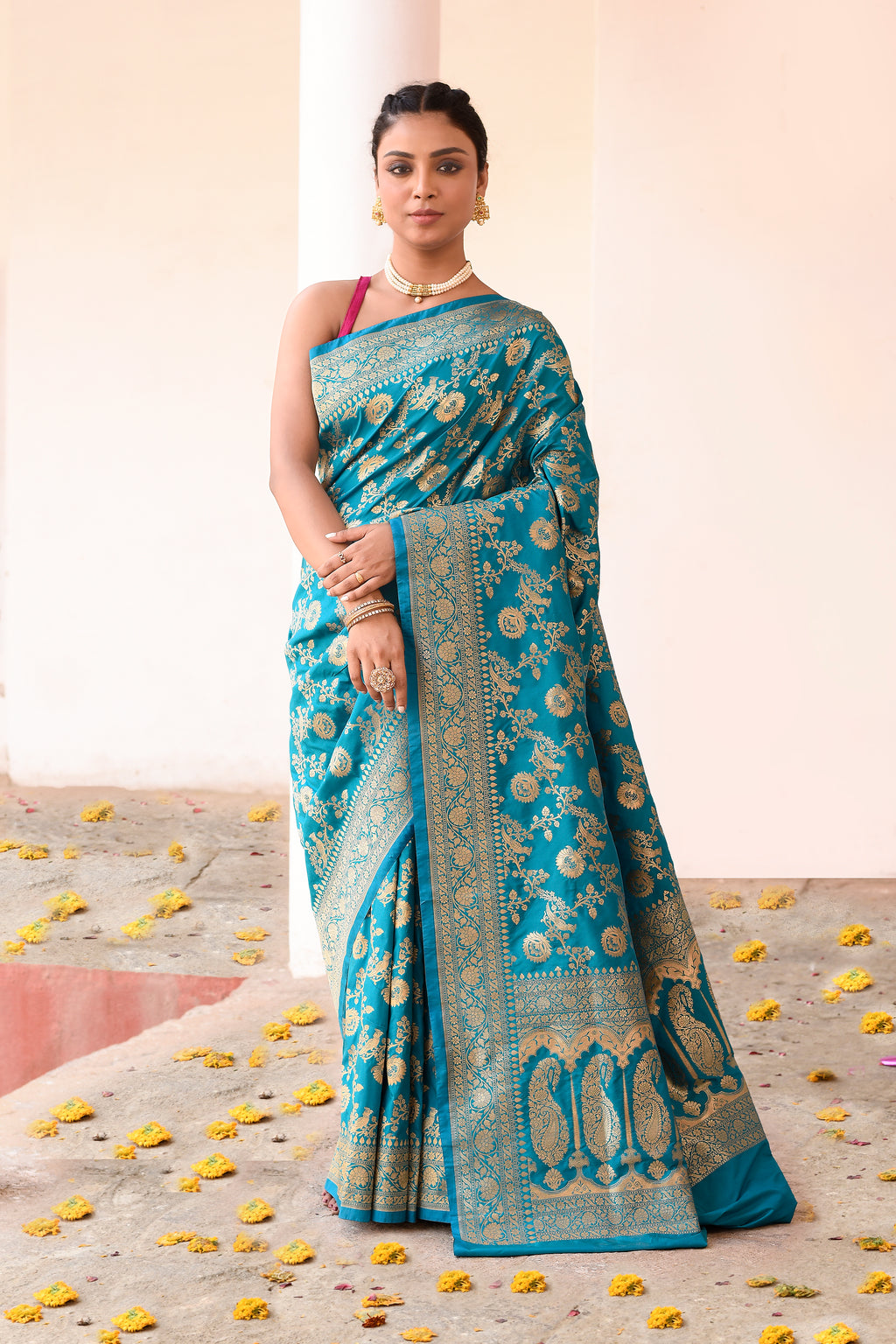 Aqua Blue Banarasi Soft Silk Saree