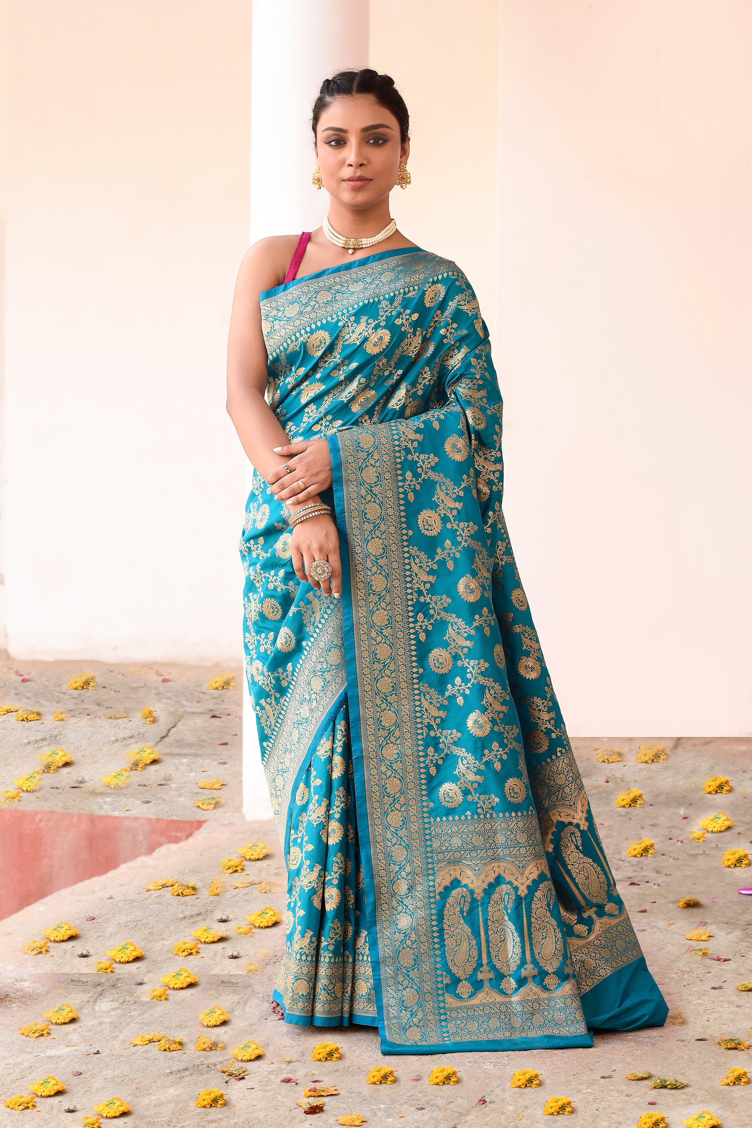 Aqua Blue Banarasi Soft Silk Saree