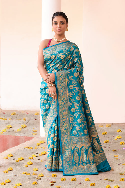 Aqua Blue Banarasi Silk Saree