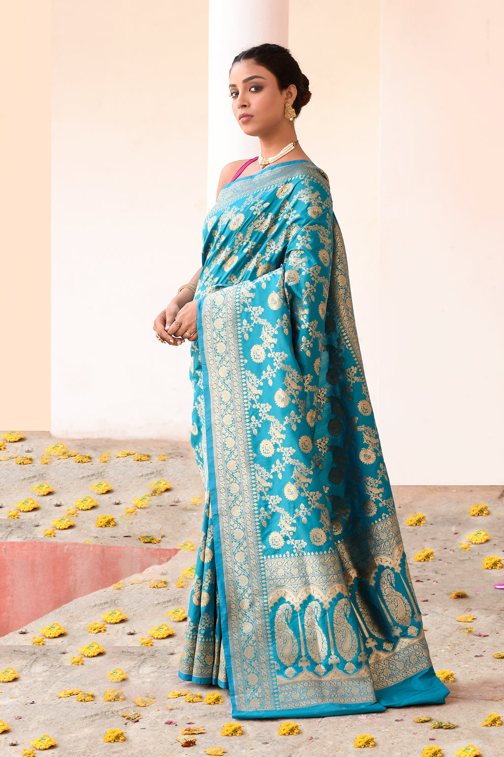 Aqua Blue Banarasi Soft Silk Saree