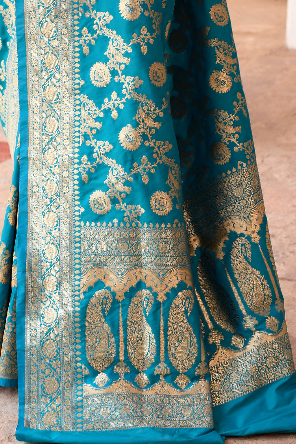 Aqua Blue Banarasi Soft Silk Saree