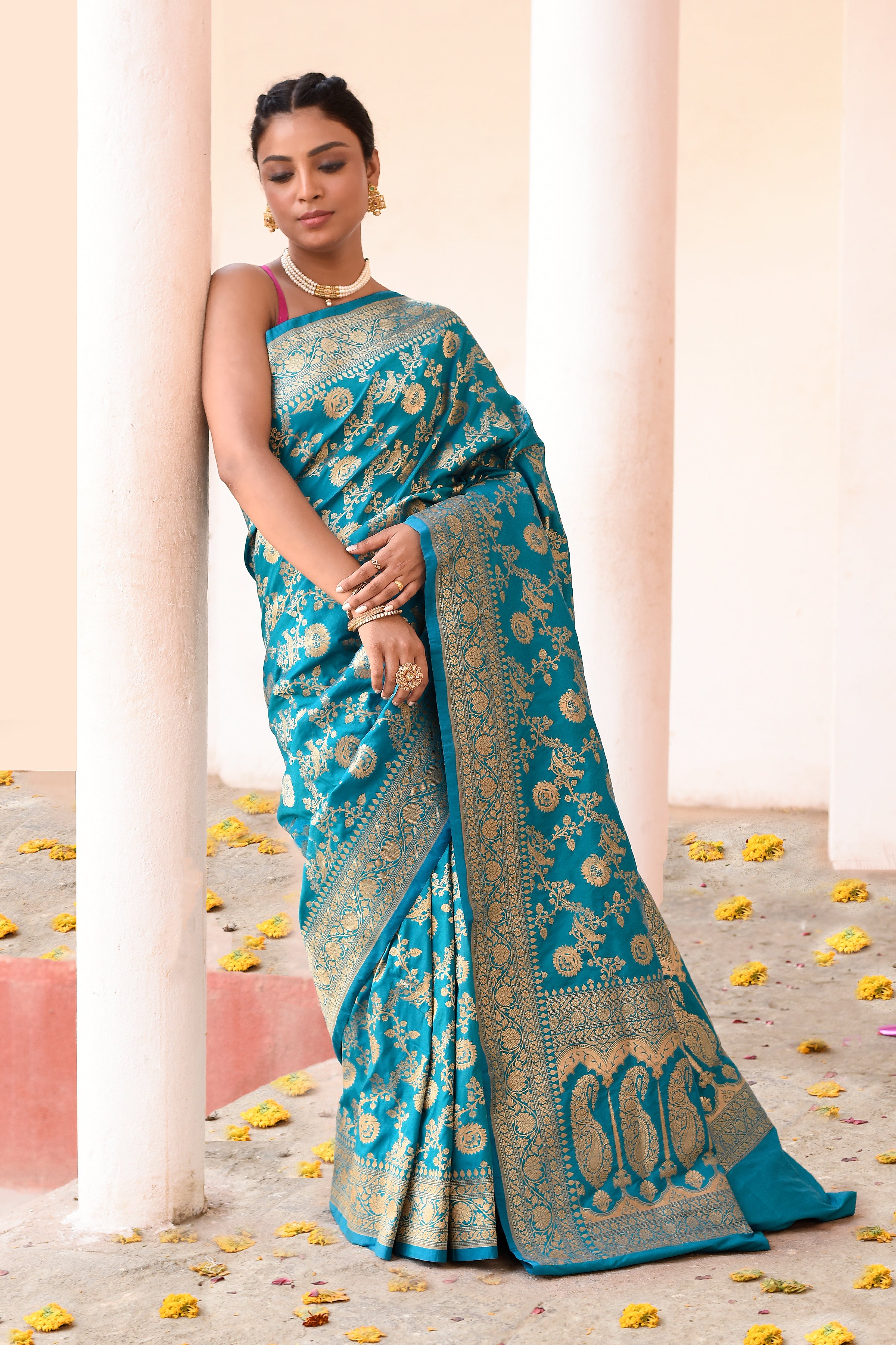 Aqua Blue Banarasi Soft Silk Saree